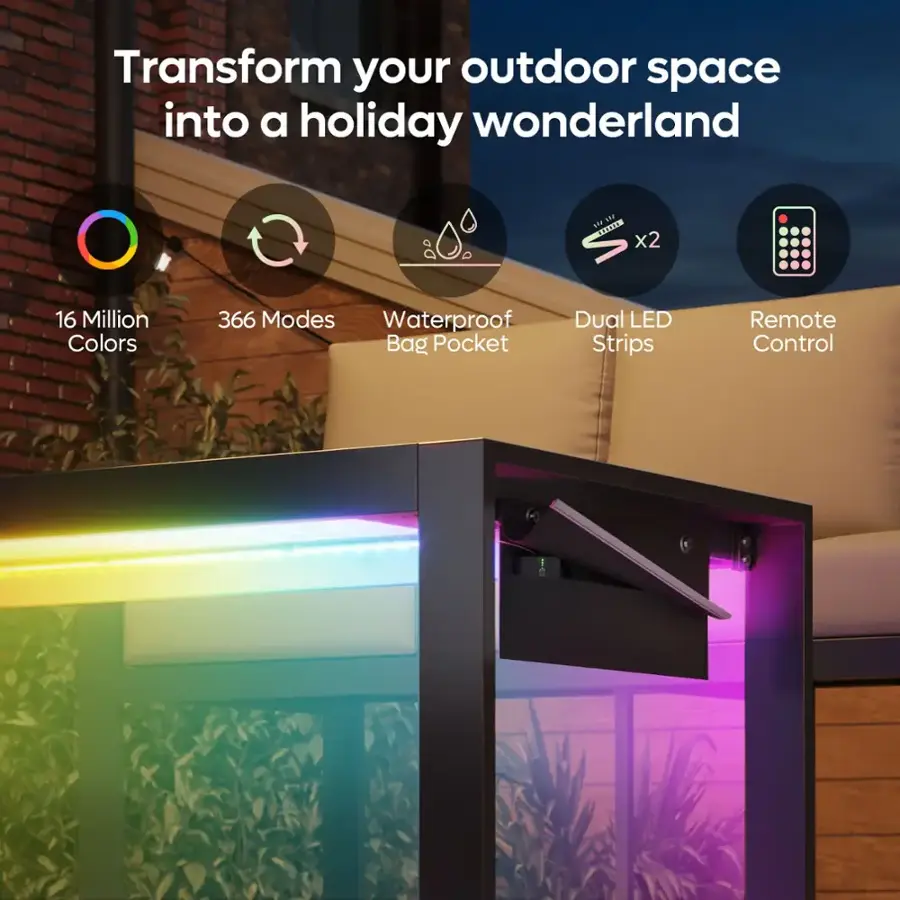 Transform your outdoor space into a holiday wonderland with 16 million colors, 366 modes, waterproof bag pocket, dual LED strips, and remote control.