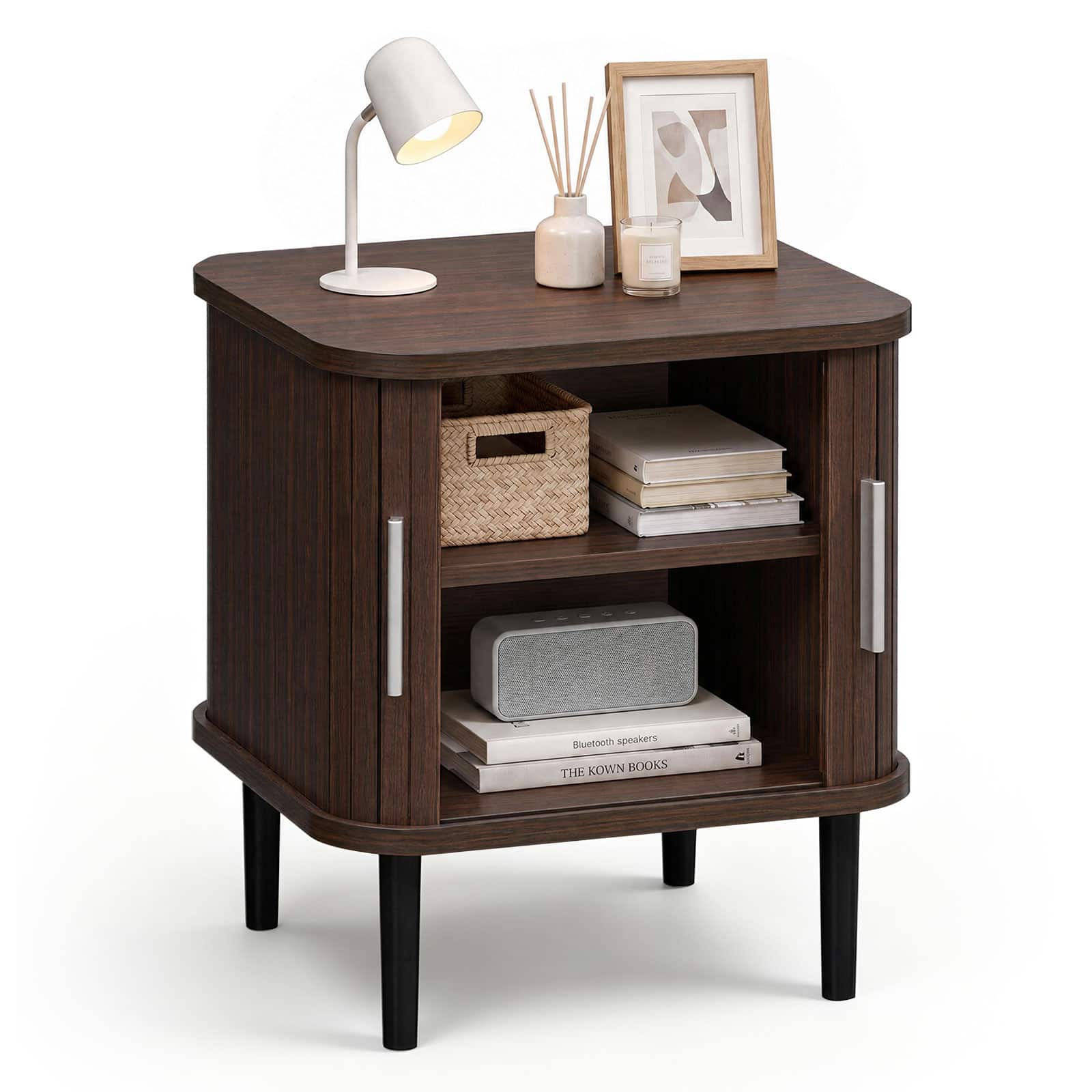 Costway - 1 PCS Fluted Nightstand with Sliding Doors, Adjustable Shelf for Living Room, Bedroom - Walnut