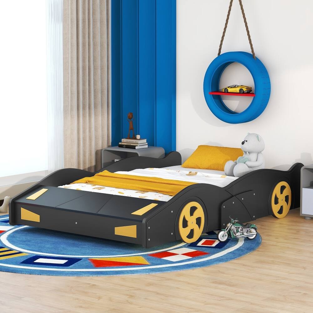 Left. Loheer - Loheer Full Size Race Car Bed with Storage, Black Yellow Car Shaped Platform Bed - Black+Yellow.
