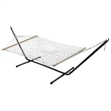 Front. Northlight - Lattice Pattern Rope Hammock with Wooden Bars - 78" x 55" - White - White.