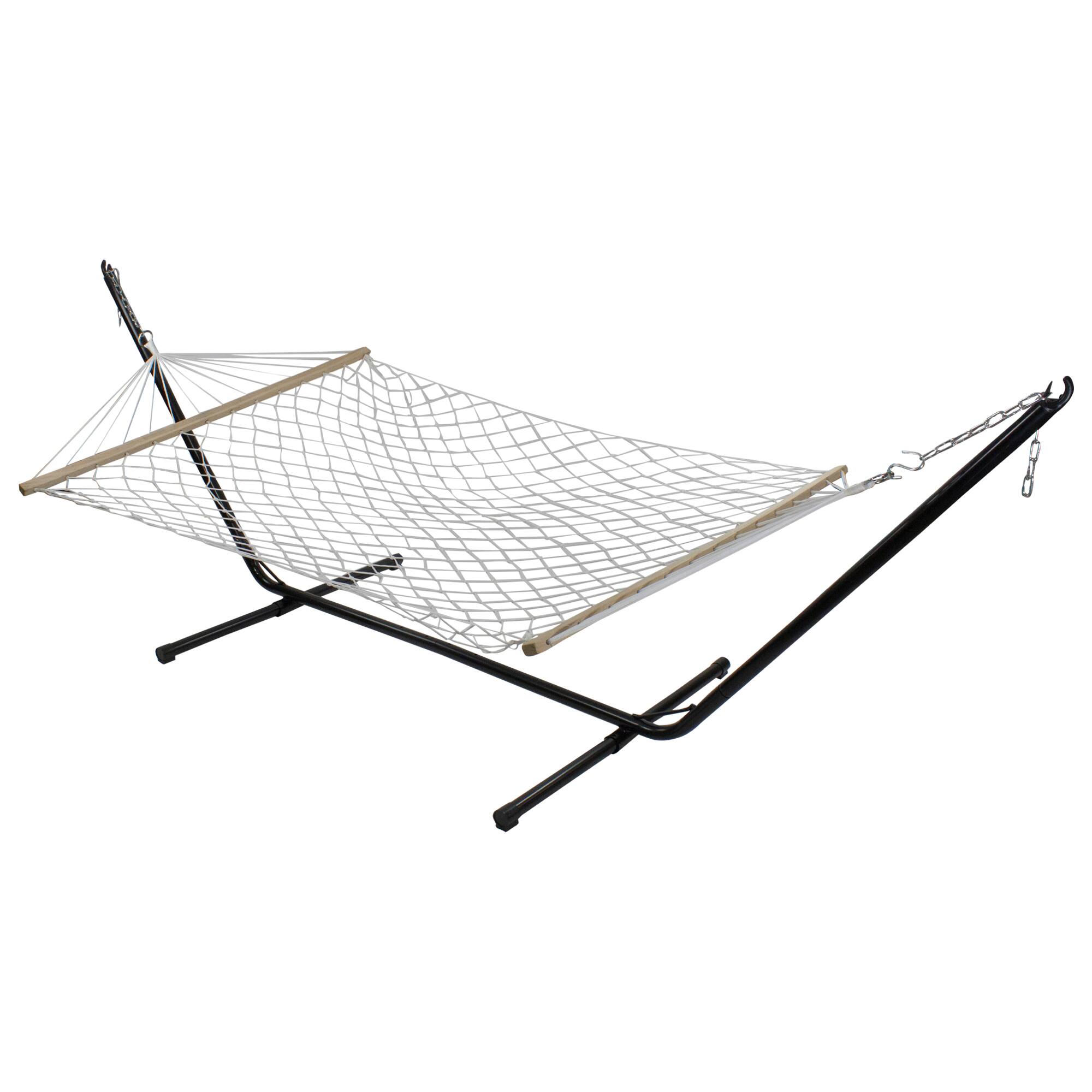 Front. Northlight - Lattice Pattern Rope Hammock with Wooden Bars - 78" x 55" - White - White.