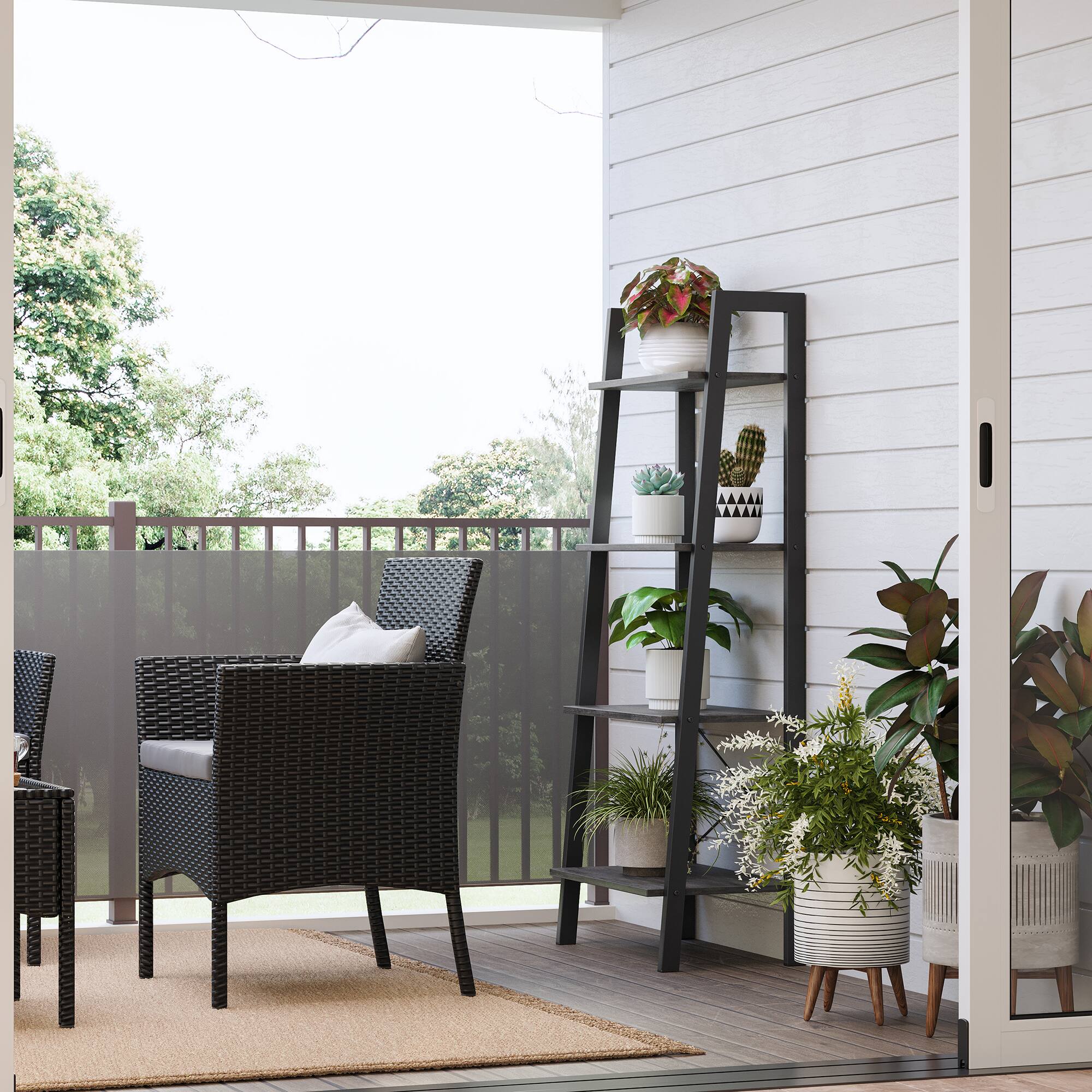 Left. Songmics Home - Ladder Shelf, 4-Tier Bookshelf, Storage Rack, Bookcase, for Living Room, Kitchen, Bedroom - Charcoal Gray and Black.