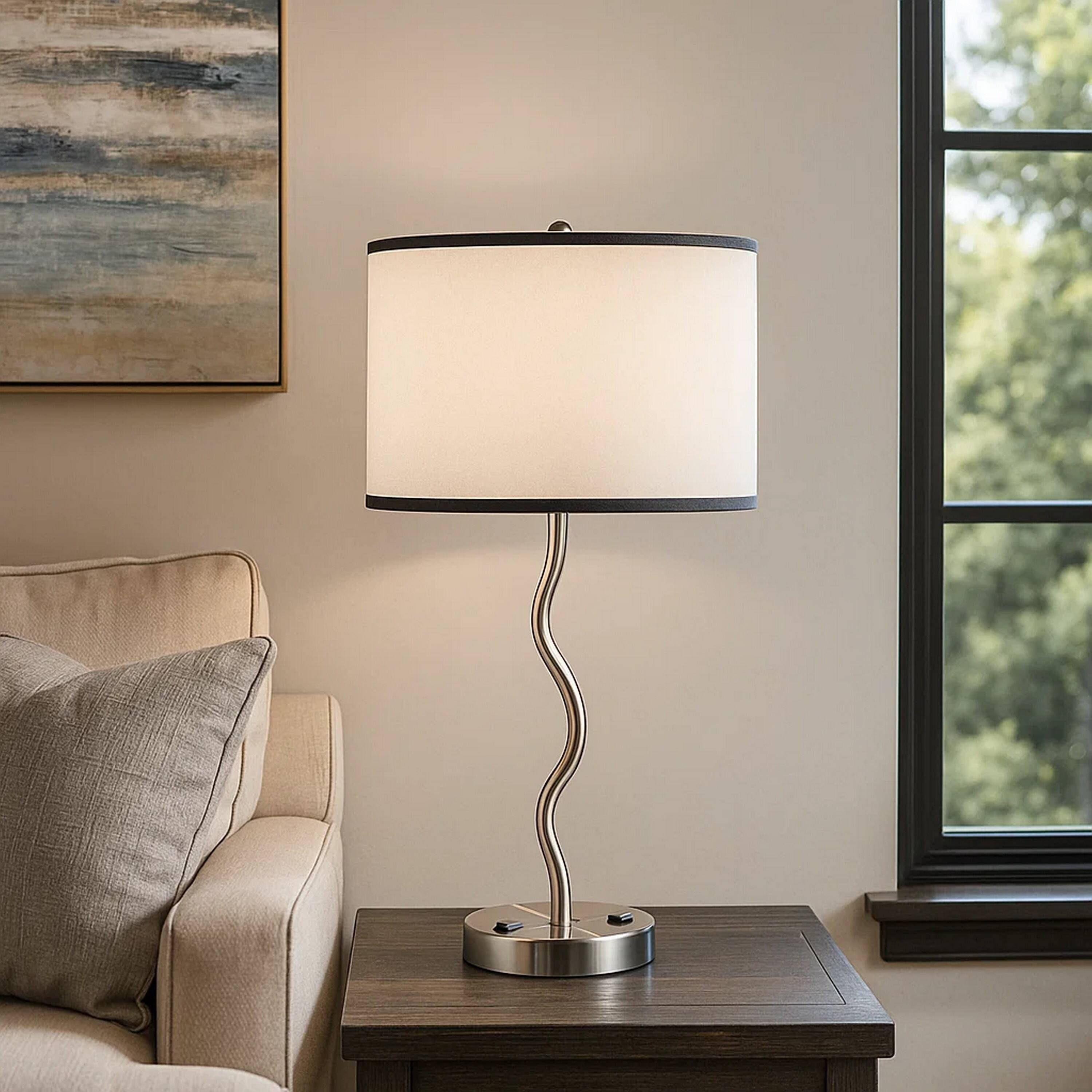 Alt View 3. Manhattan Lane - 29 Inch Round Drum Shade Table Lamp, Curved Tubular Frame - Silver.