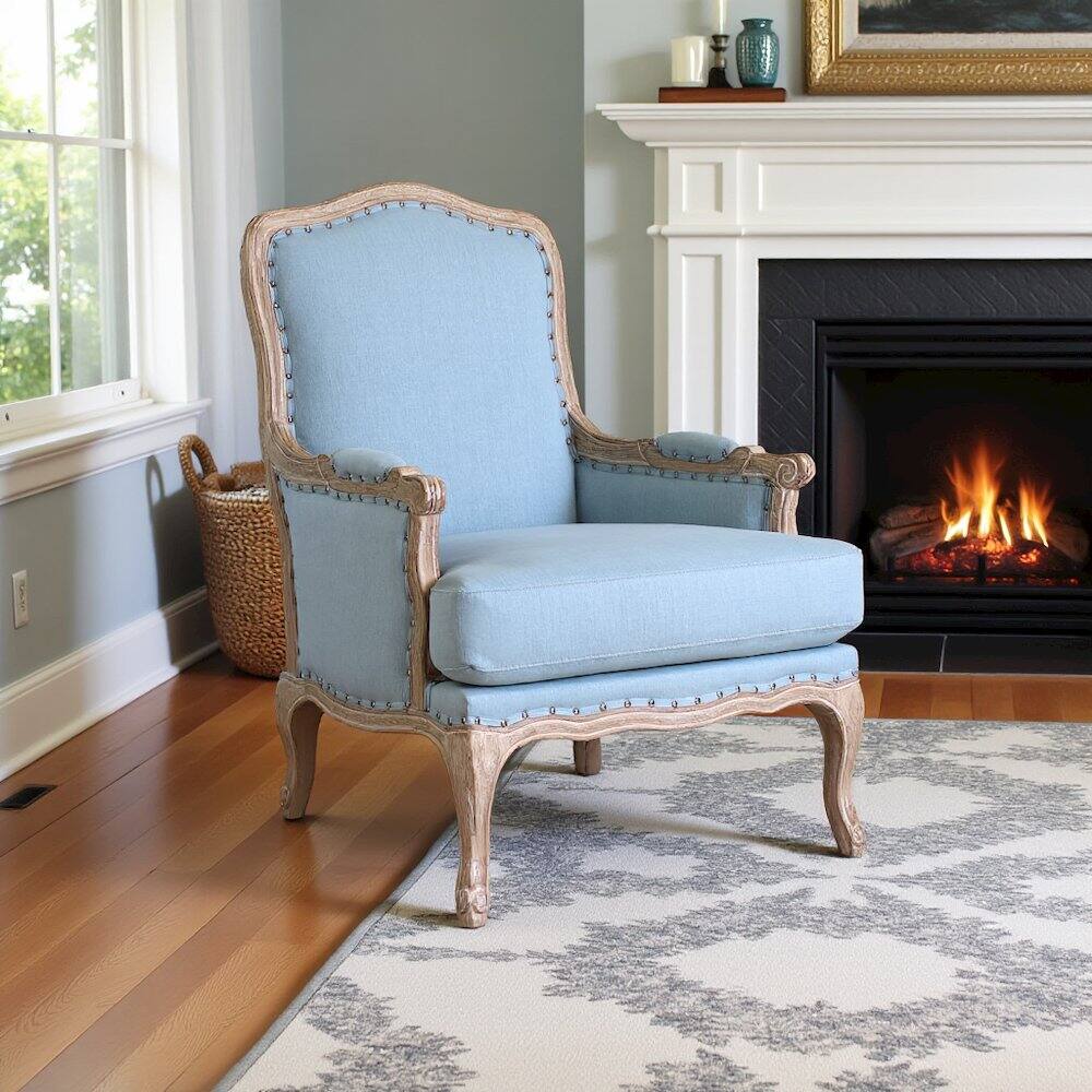 Left. FurniFact - Elegant Blue Accent Chair with Plush Cushions for Living Room Comfort - Light Blue.