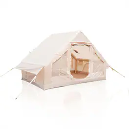 HTUTWOO - Inflatable Camping Tent With Hand Pump - Air Tent, Waterproof Windproof , Oxford Cabin Tent with Mesh & Chimney Window - Beige