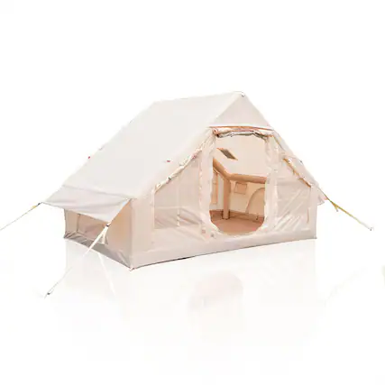 Front. HTUTWOO - Inflatable Camping Tent With Hand Pump - Air Tent, Waterproof Windproof , Oxford Cabin Tent with Mesh & Chimney Window - Beige.