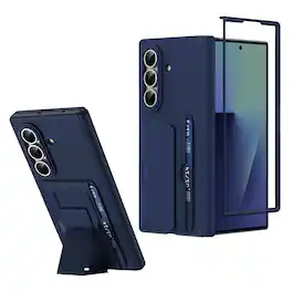 Dteck - RFID Blocking Shockproof Case for Samsung Galaxy Z Fold7 with Stand, Faux Leather Rigid Plastic Card Holder Phone Cover - Blue