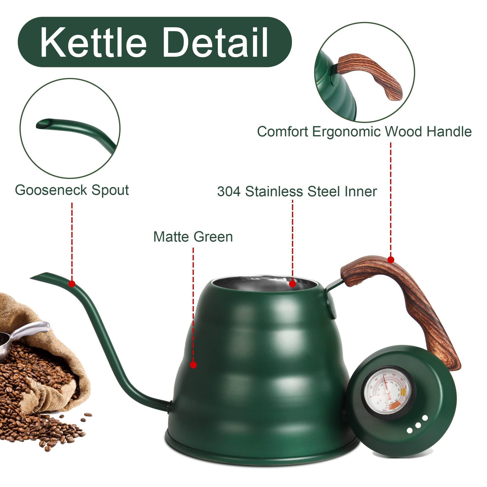 Kettle Detail

- Gooseneck Spout
- Comfort Ergonomic Wood Handle
- 304 Stainless Steel Inner
- Matte Green