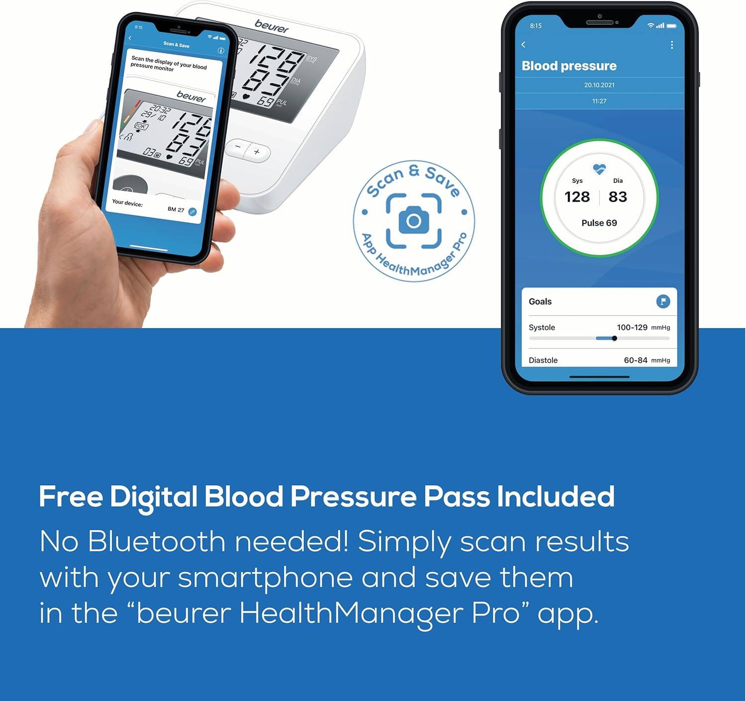 - Scan the display of your blood pressure monitor
- Your device: BM 27
- Blood pressure
  - 20.10.2021 11:27
  - Sys 128
  - Dia 83
  - Pulse 69
- Goals
  - Systole 100-129 mmHg
  - Diastole 60-84 mmHg
- Free Digital Blood Pressure Pass Included
- No Bluetooth needed! Simply scan results with your smartphone and save them in the "beurer HealthManager Pro" app.