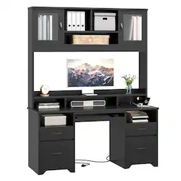 Bestier - 59-inch Computer Desk with Hutch, Charging Station, Fluted Storage Cabinet and Keyboard Tray - Black