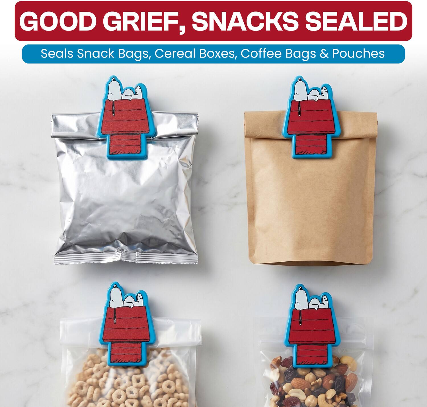 GOOD GRIEF, SNACKS SEALED  
Seals Snack Bags, Cereal Boxes, Coffee Bags & Pouches