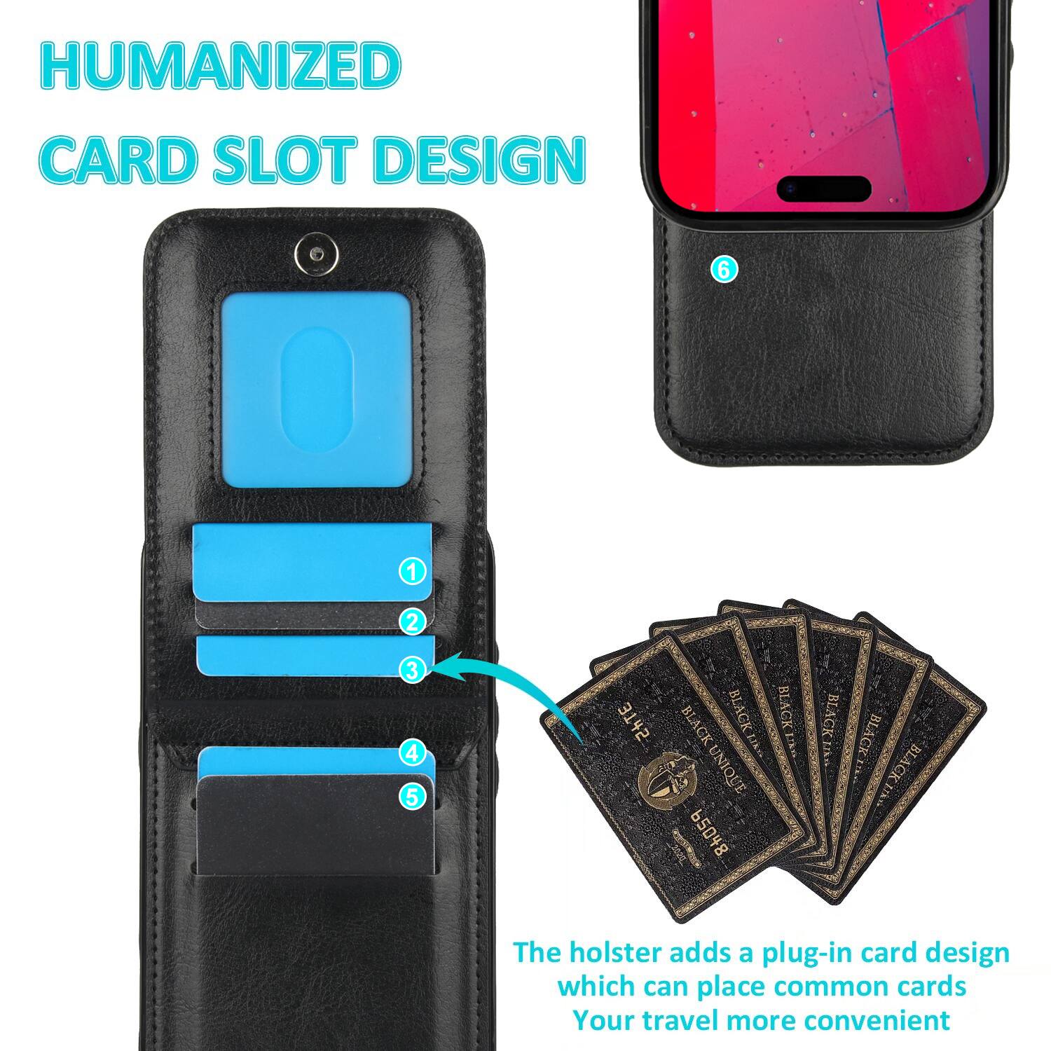 HUMANIZED CARD SLOT DESIGN

The holster adds a plug-in card design which can place common cards. Your travel more convenient