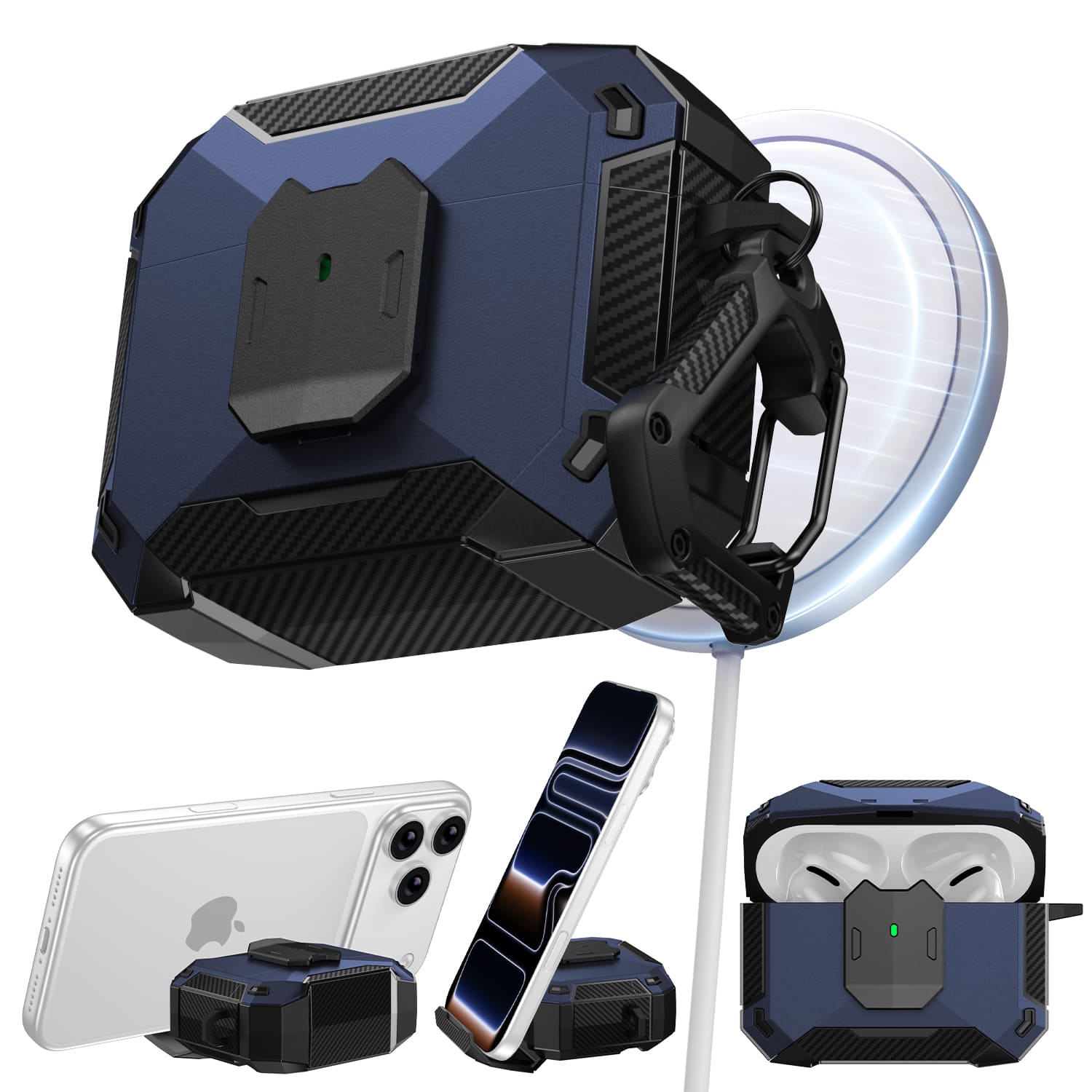 UUCOVER - Safety Lock Case for Apple Airpods Pro 2nd Gen (2022) Shockproof TPU+PC Cover Phone Stand Function with Carabiner - Blue