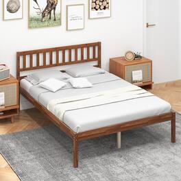 Gymax - Full Platform Bed with Headboard Solid Wood Leg Mattress Foundation - Walnut