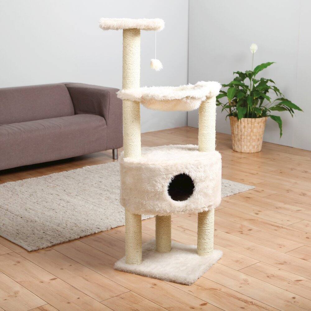 Left. TRIXIE - Baza Plush & Jute 52" Cat Tower Scratching Posts Condo Perch Hammock Cat Toy - Cream.