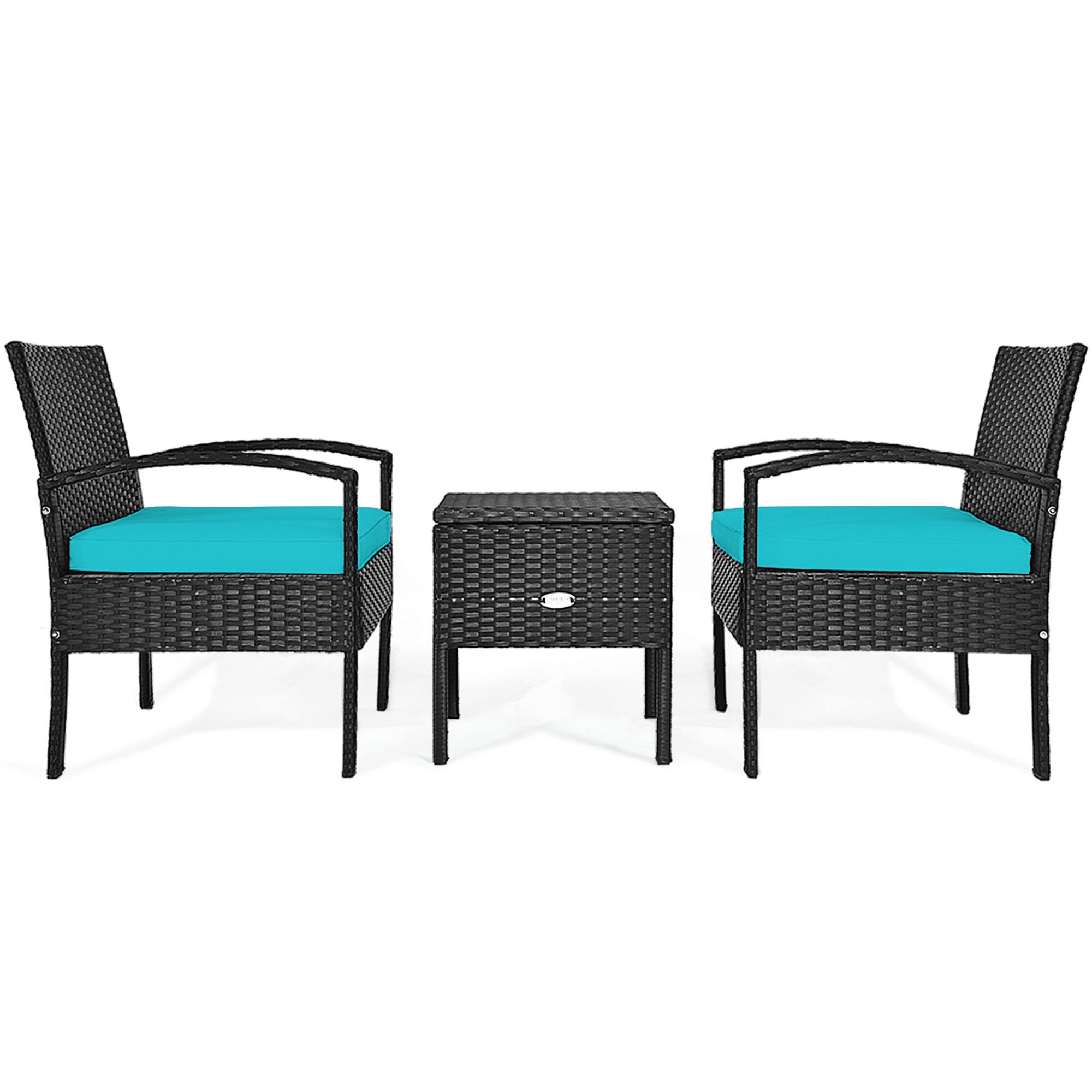 Alt View 1. Gymax - Gymax 3PCS Rattan Patio Conversation Furniture Set w/ Storage Table Turquoise Cushion - Turquoise.