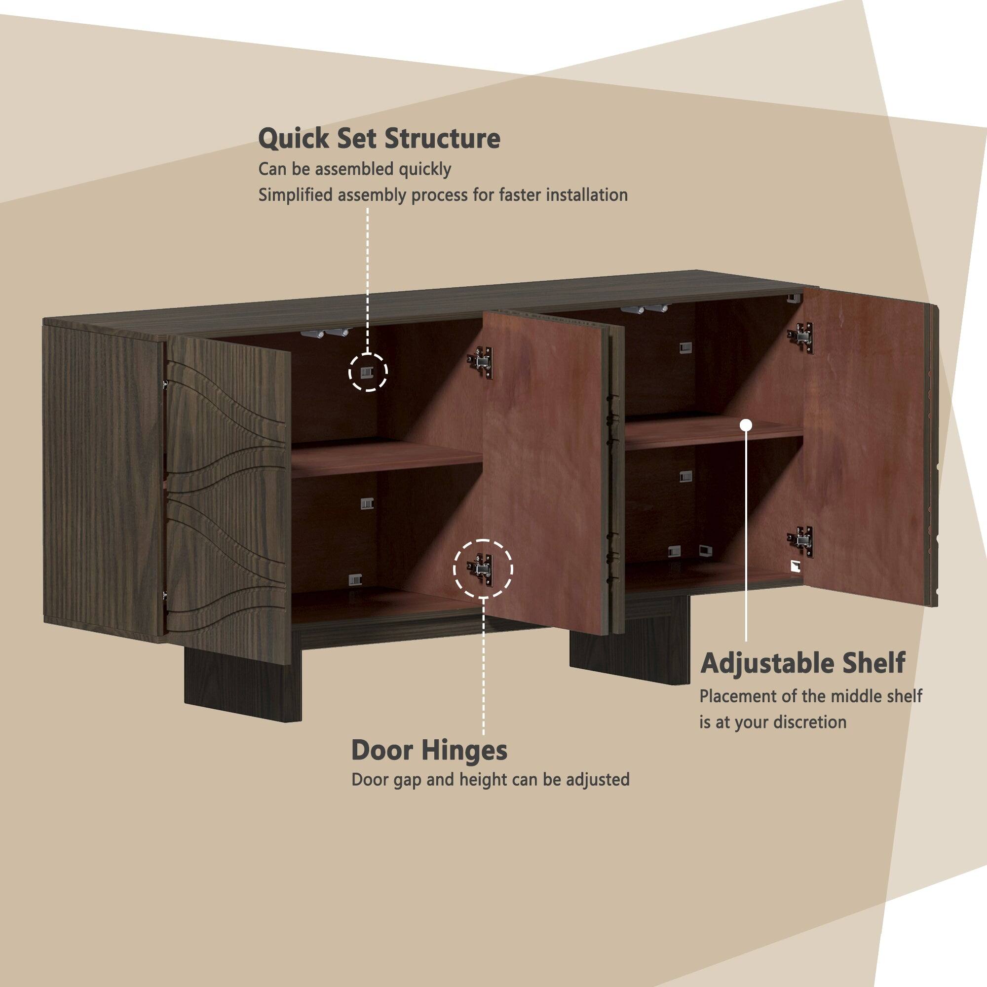 Quick Set Structure  
Can be assembled quickly  
Simplified assembly process for faster installation  

Door Hinges  
Door gap and height can be adjusted  

Adjustable Shelf  
Placement of the middle shelf is at your discretion