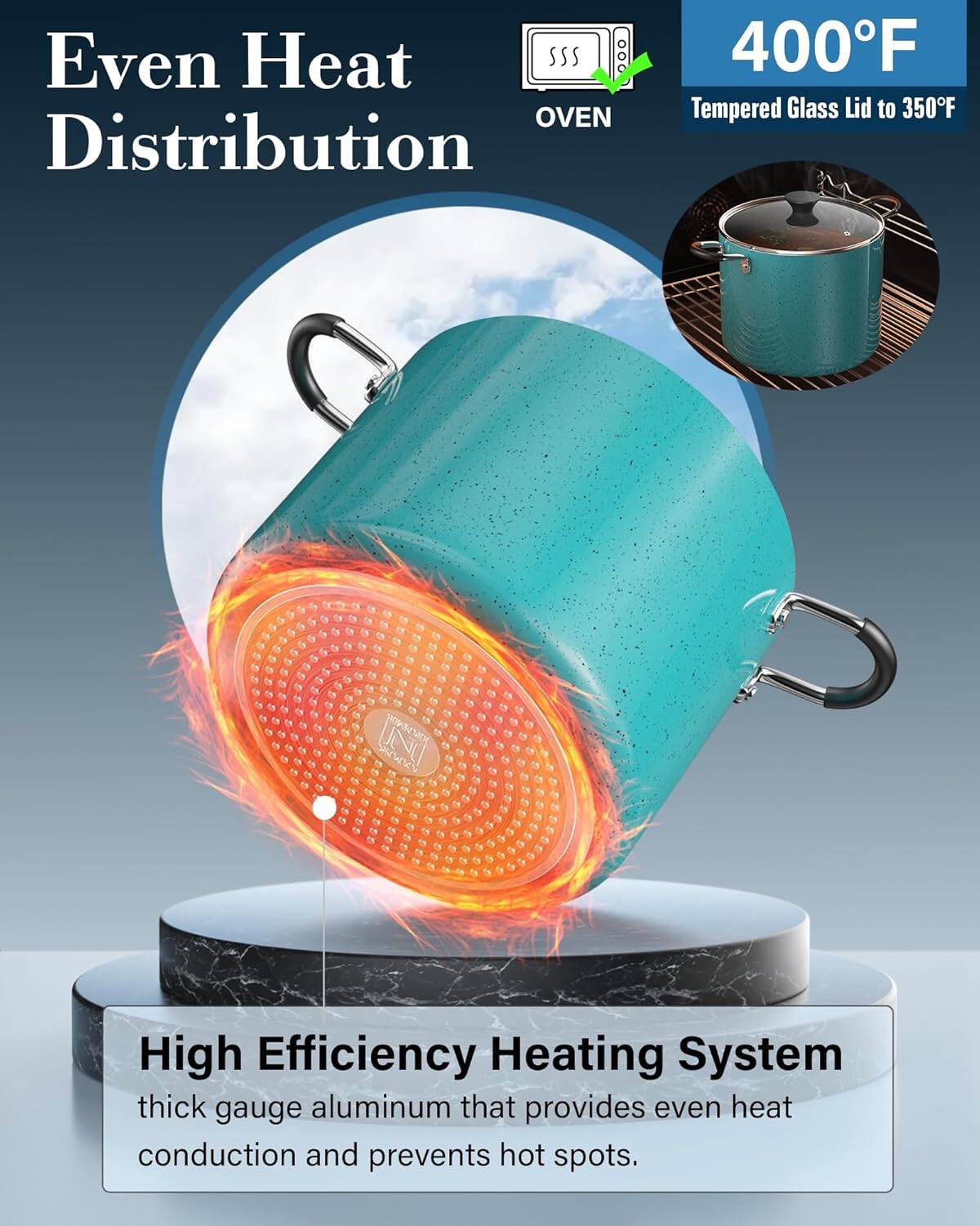 Even Heat Distribution

400°F

Tempered Glass Lid to 350°F

High Efficiency Heating System

thick gauge aluminum that provides even heat conduction and prevents hot spots.