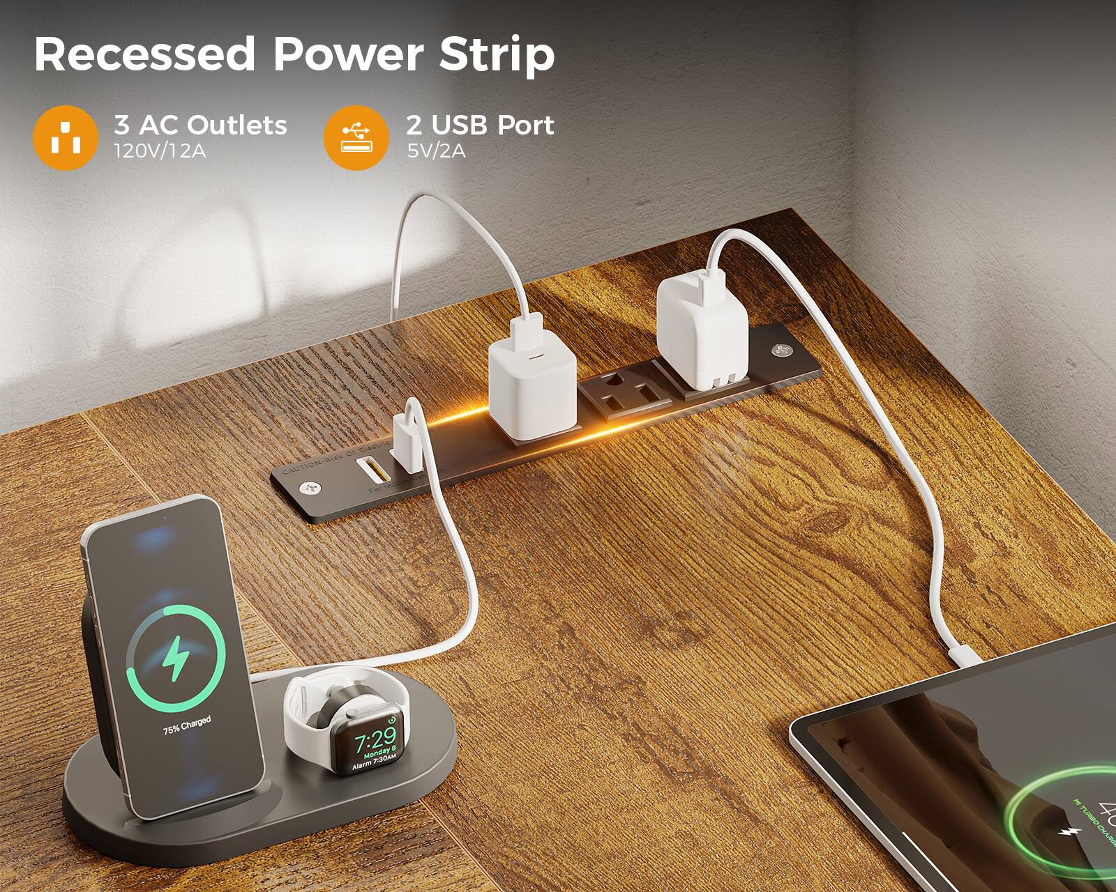 Recessed Power Strip  
3 AC Outlets 120V/12A  
2 USB Port 5V/2A  

75% Charged  
7:29 Monday  

RNA 4 URA PLET  
EN W
