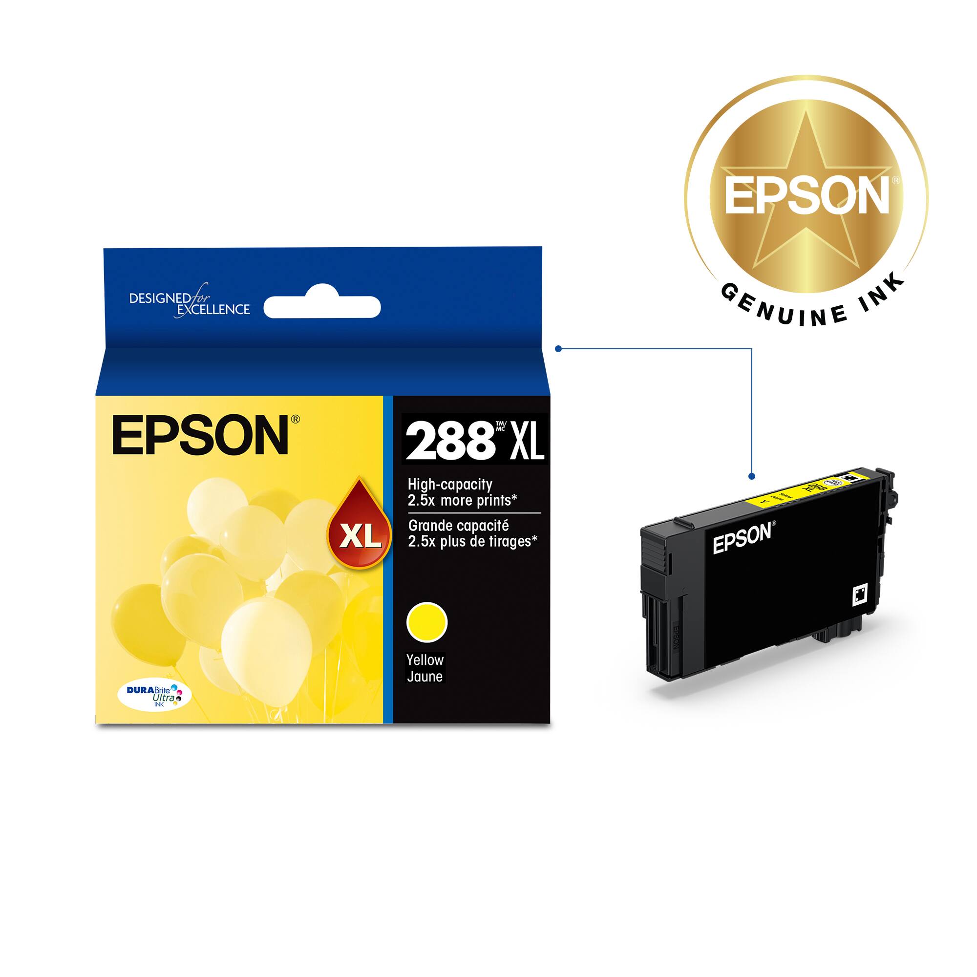 EPSON DESIGNED FOR EXCELLENCE GENUINE INK 288 XL High-capacity 2.5x more prints* Grande capacit XL 2.5x plus de tirages* CI1 EPSON DURA Ultra - Yellow Jaune