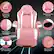 The text on the image is already grouped and correctly written. It describes the features of a pink chair, including a padded headrest for extra comfort, wear-resistant and breathable PU leather, an ergonomic armrest with a cup holder, a 360 stable iron base, and a 360 swivel seat.