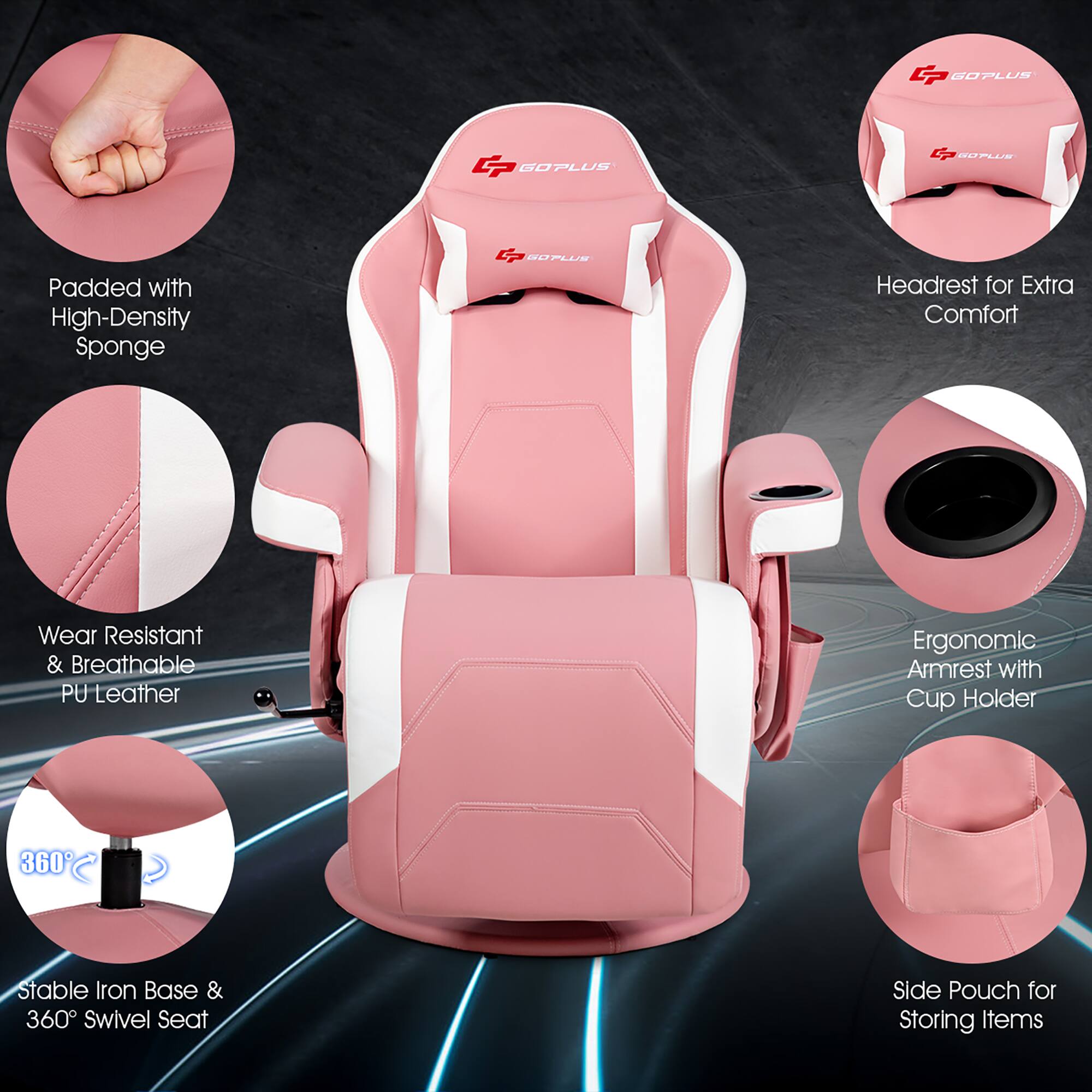 The text on the image is already grouped and correctly written. It describes the features of a pink chair, including a padded headrest for extra comfort, wear-resistant and breathable PU leather, an ergonomic armrest with a cup holder, a 360 stable iron base, and a 360 swivel seat.
