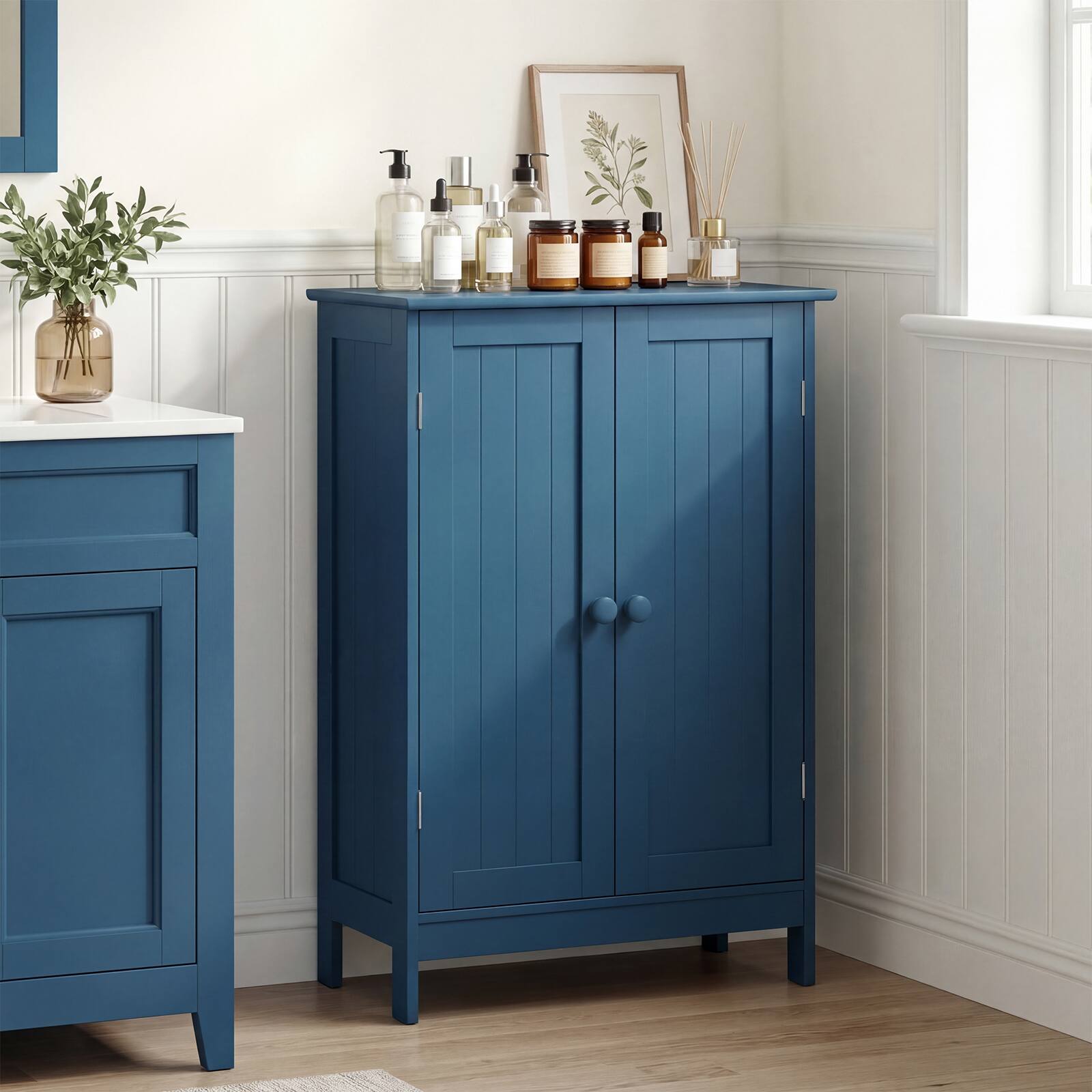 Alt View 4. Gymax - Gymax Bathroom Cabinet Wooden Storage Cabinet w/ 2 Doors & 3-Level Adjustable Shelf - Blue.
