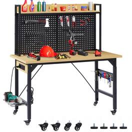 LOVMOR - 48 inch Adjustable Rolling Workbench with Pegboard USB Outlet Hooks and Shelf for Garage Workshop Home