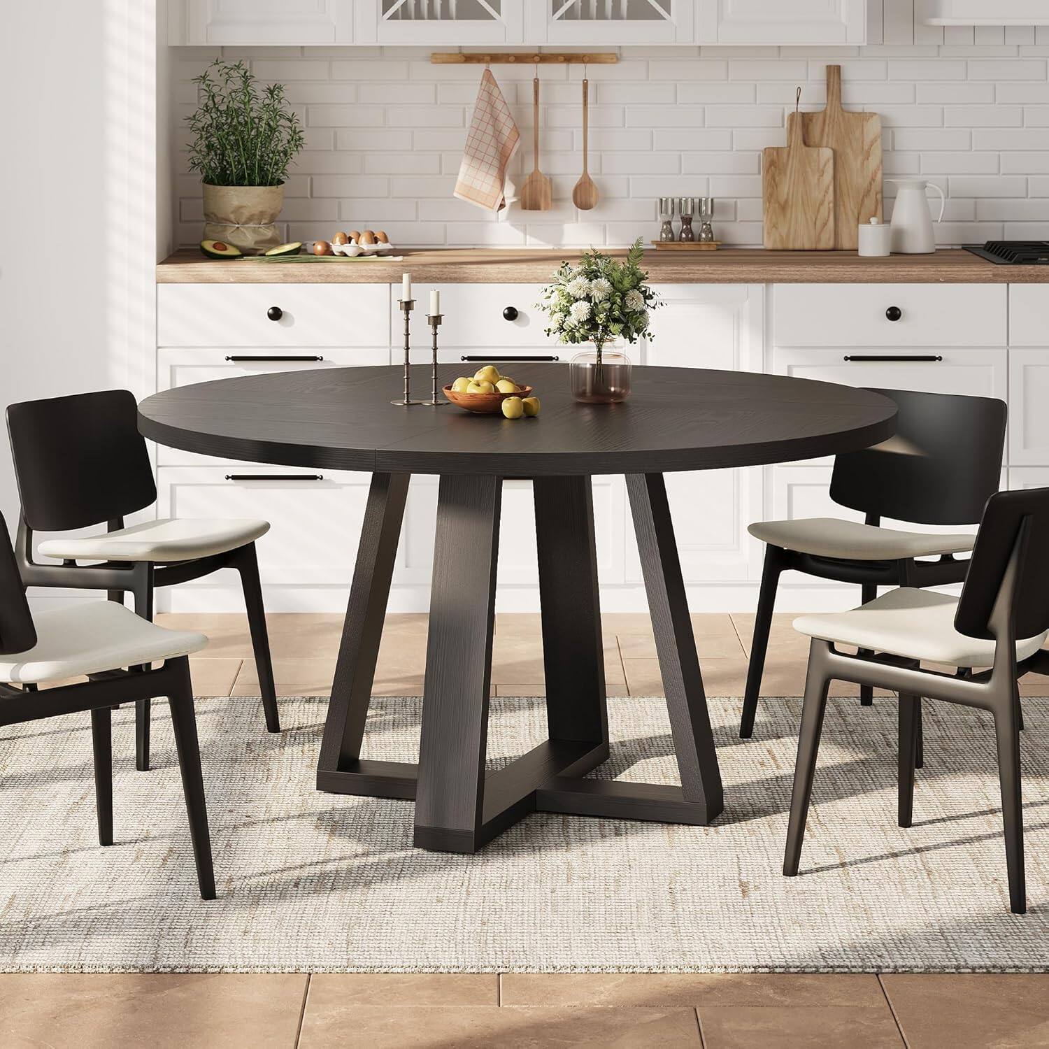 Alt View 4. GARVEE - 47" Farmhouse Round Dining Table for 4-6, Wood Cross Pedestal Base for Living Room, Dining Room,Black - Black.