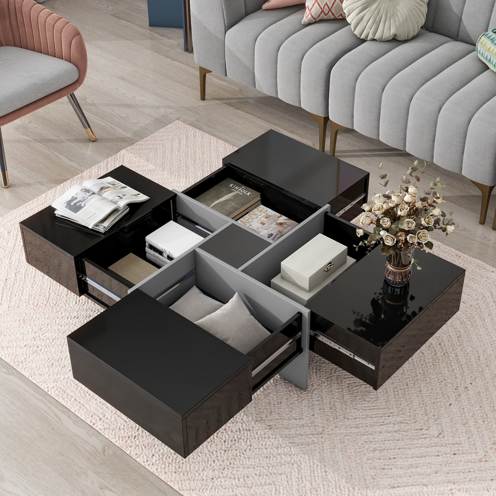 GOODSILO - Modern Extendable Square Coffee Table with Hidden Storage Compartments and Sliding Tabletop for Living Room - Black
