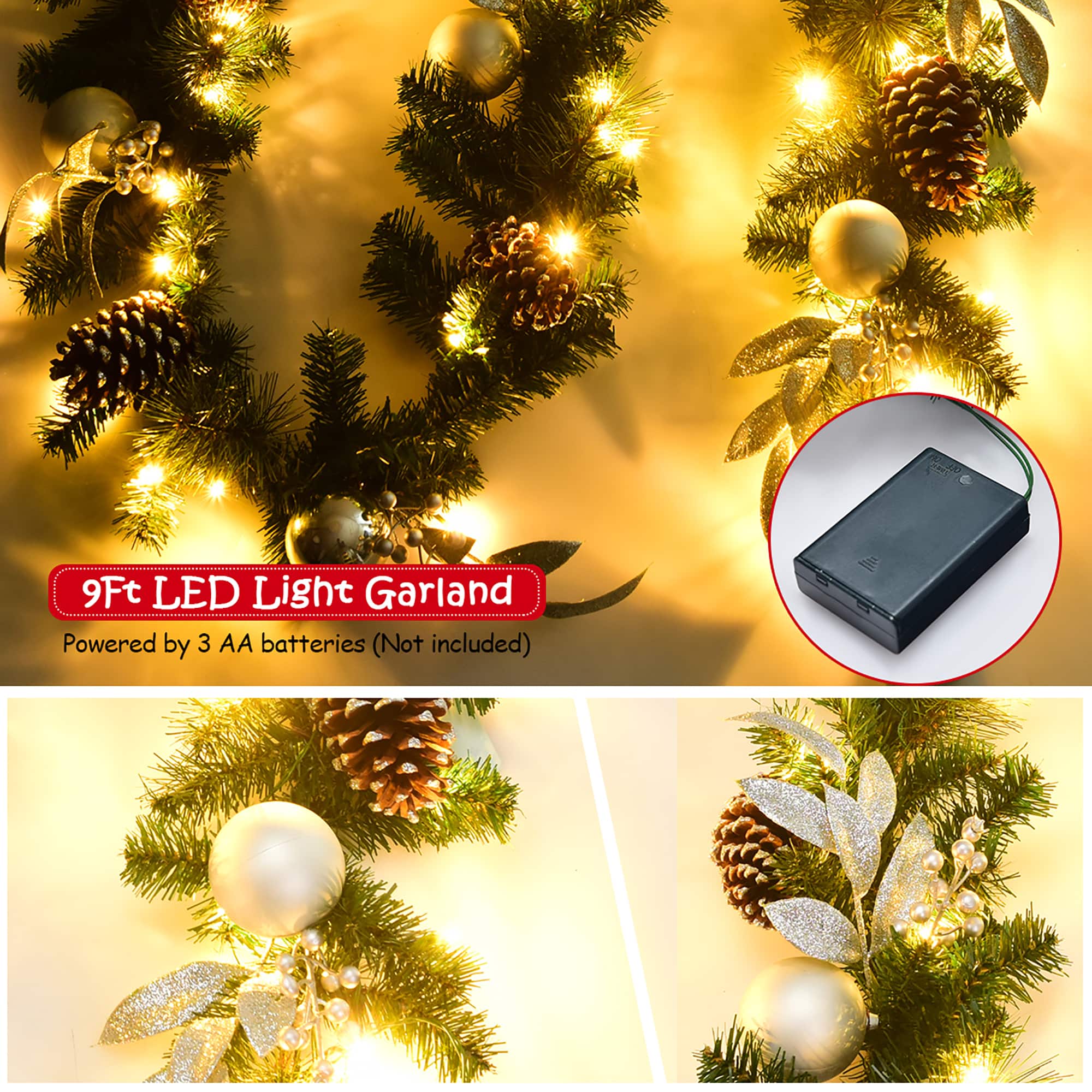 9 Ft LED Light Garland Powered by 3 AA batteries (Not included).