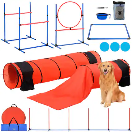 Front. VEVOR - Dog Agility Training Equipment, 7 PCS Set Upgrade w/ Adjustable High Hurdles,6 Weave Poles,2 Tunnels - Red,Blue,Orange,Black.