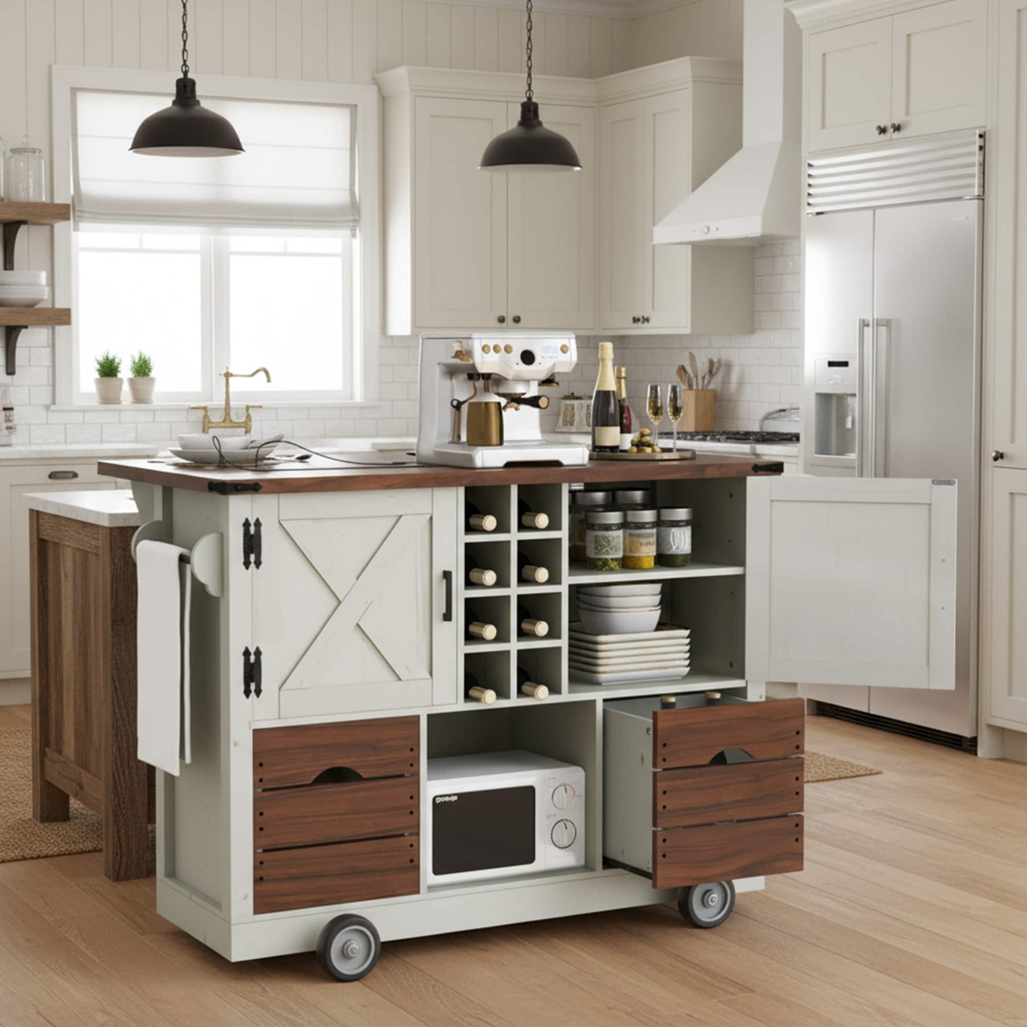 ELEMENT ACE - Farmhouse Kitchen Island with Drop Leaf, Power Outlet, Storage Cart and Wheels - White