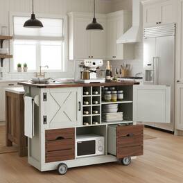 ELEMENT ACE - Farmhouse Kitchen Island with Drop Leaf, Power Outlet, Storage Cart and Wheels - White