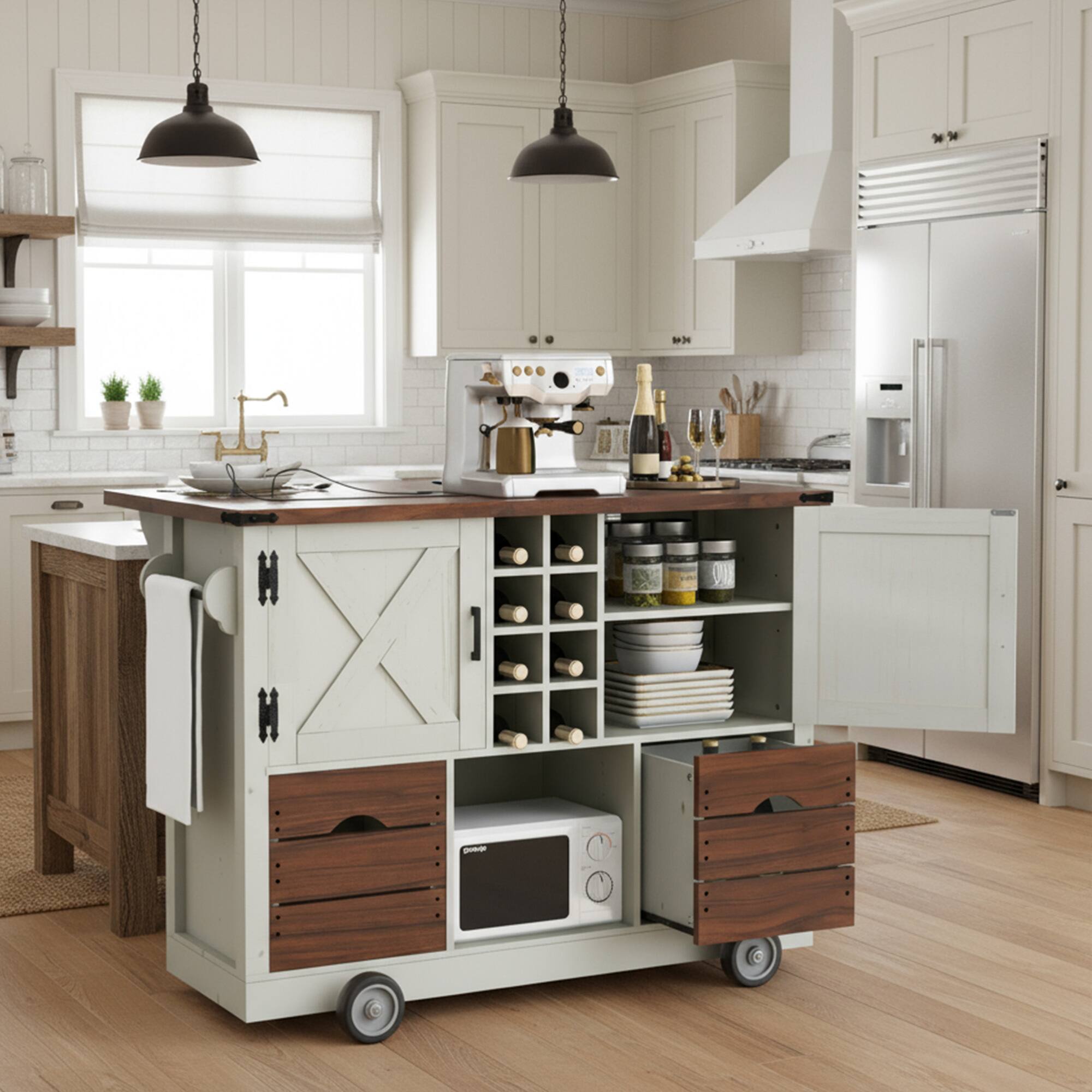 Front. ELEMENT ACE - Farmhouse Kitchen Island with Drop Leaf, Power Outlet, Storage Cart and Wheels - White.