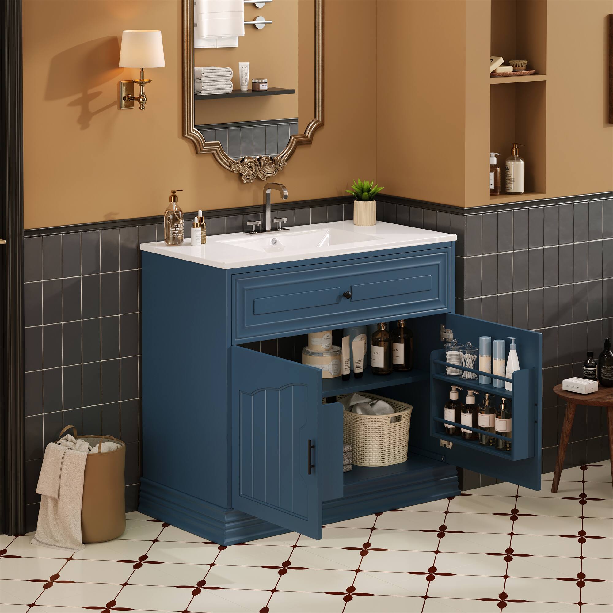 Left. Tiramisubest - 36" Bathroom Vanity with Ceramic Sink, Bathroom Vanities Cabinet, Bathroom Storage Cabinet - Blue.