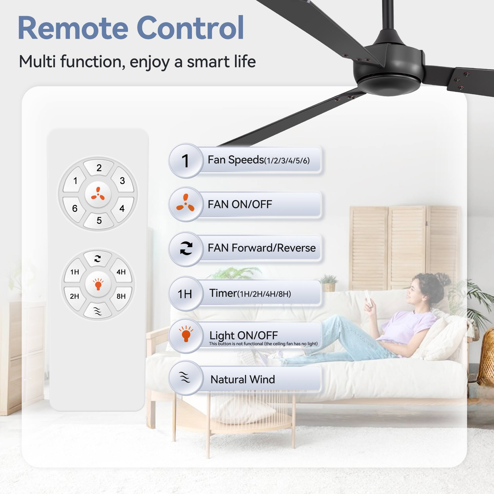 Remote Control Multi function, enjoy a smart life

1. Fan Speeds(1/2/3/4/5/6)
2. FAN ON/OFF
3. FAN Forward/Reverse
4. Timer(1H/2H/4H/8H)
5. Light ON/OFF (This button is not functional (the ceiling fan has no light))
6. Natural Wind