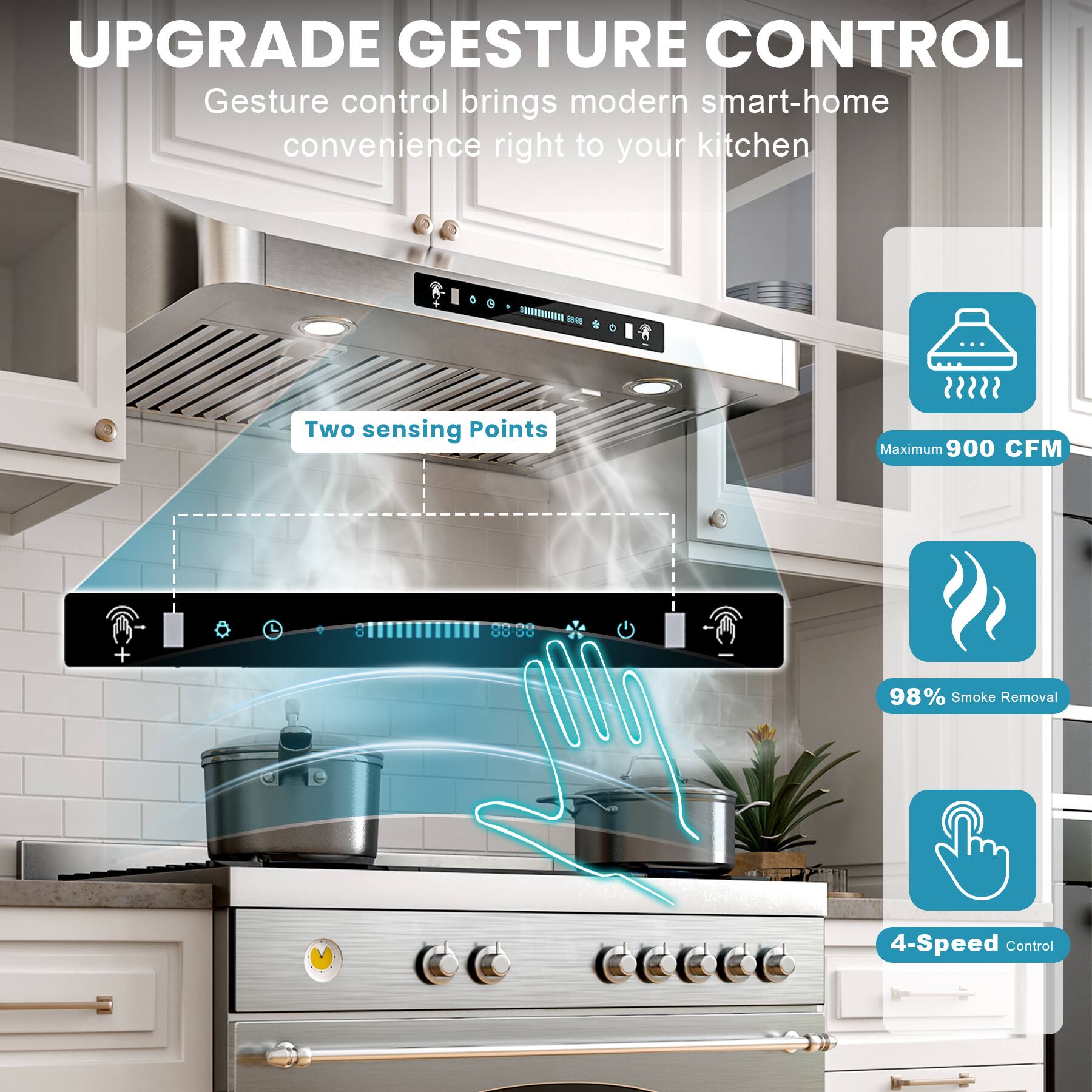 UPGRADE GESTURE CONTROL  
Gesture control brings modern smart-home convenience right to your kitchen  

- Two sensing Points  
- Maximum 900 CFM  
- 98% Smoke Removal  
- 4-Speed Control