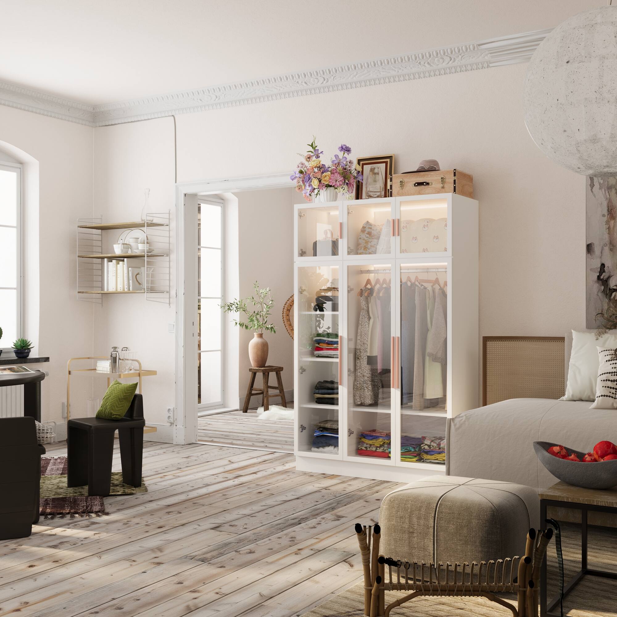 Alt View 6. FUFU & GAGA - FUFU&GAGA Freestanding Wardrobe with Tempered Glass Doors & RGB LED Lights - White.