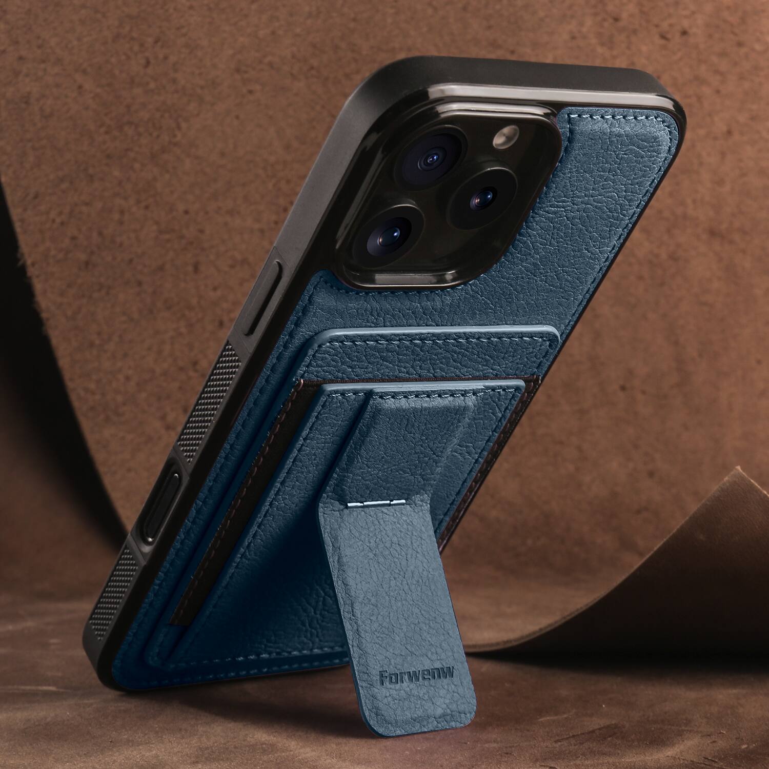 Angle. Dteck - Slim Card Holder Case for Apple iPhone 16 Pro, Shockproof Wallet Protective Cover with Kickstand - Blue.
