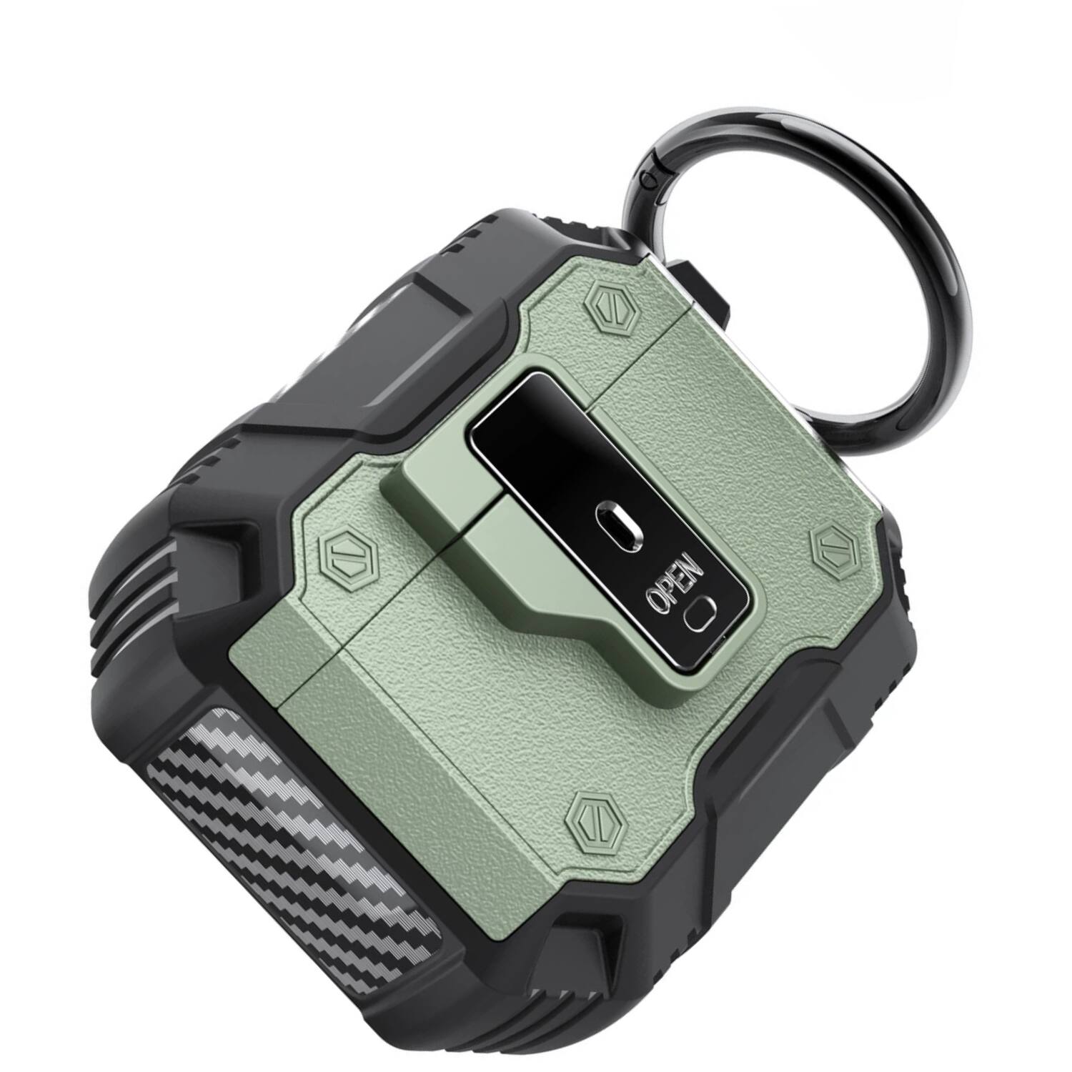 Angle. Stock Preferred - Rugged Shockproof Case for AirPods Pro with Keychain & Secure Lock Green - Green.