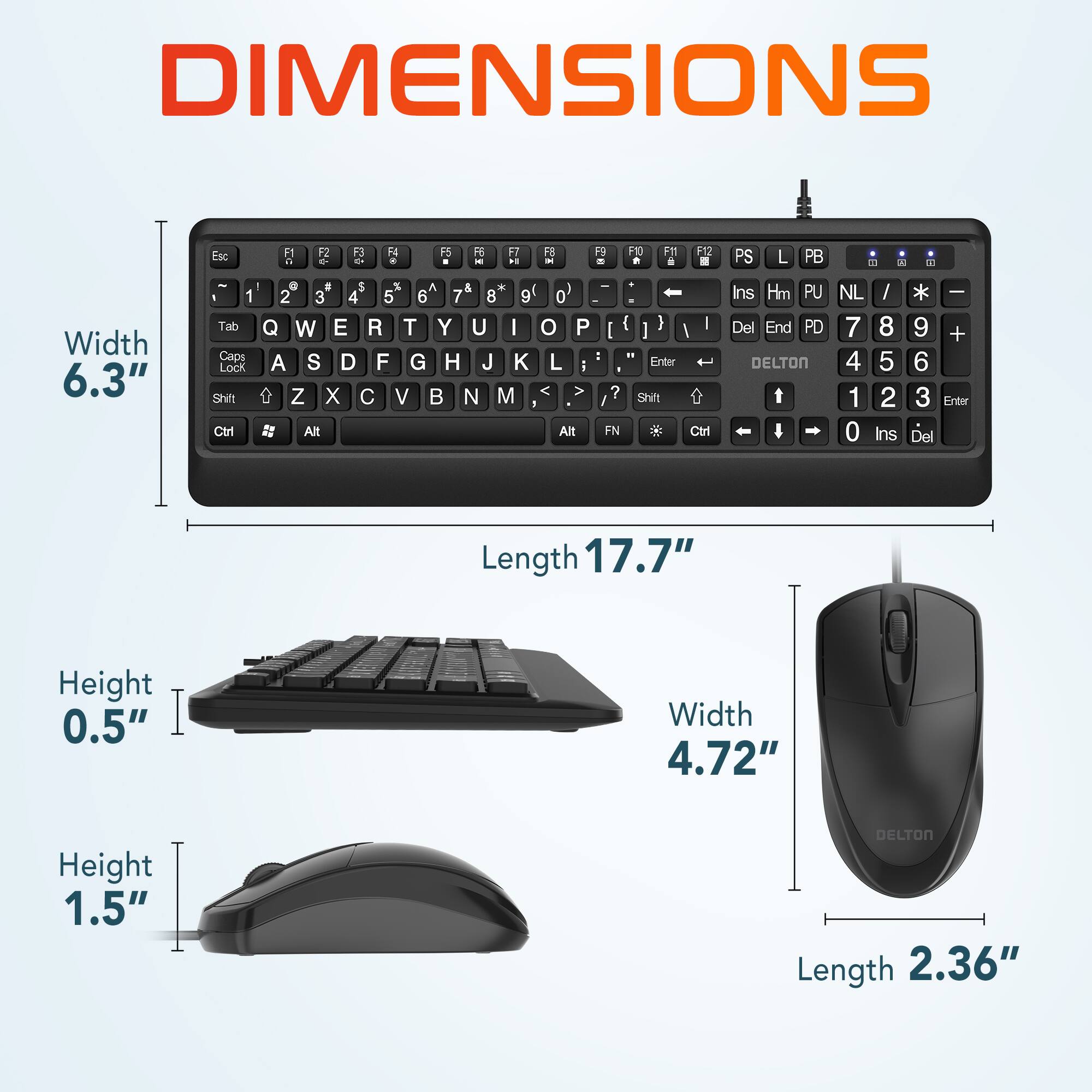 DIMENSIONS
Width 6.3"
Length 17.7"
Height 0.5"
Width 4.72"
Height 1.5"
Length 2.36"