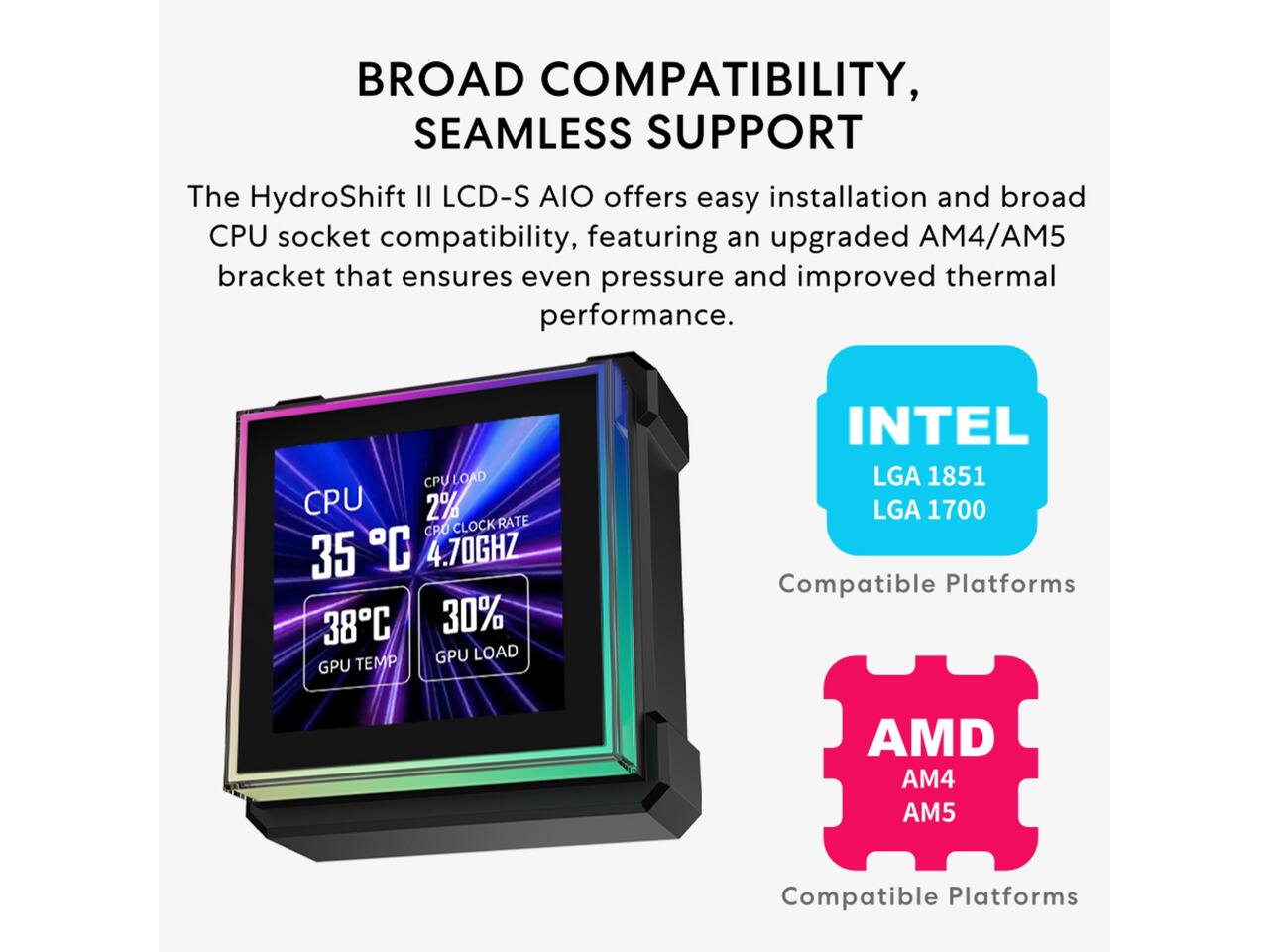 BROAD COMPATIBILITY, SEAMLESS SUPPORT

The HydroShift II LCD-S AIO offers easy installation and broad CPU socket compatibility, featuring an upgraded AM4/AM5 bracket that ensures even pressure and improved thermal performance.

CPU LOAD 2%  
CPU CLOCK RATE 4.70GHZ  
GPU LOAD 30%  
GPU TEMP 35°C 38°C

INTEL  
LGA 1851  
LGA 1700  
Compatible Platforms

AMD  
AM4  
AM5  
Compatible Platforms