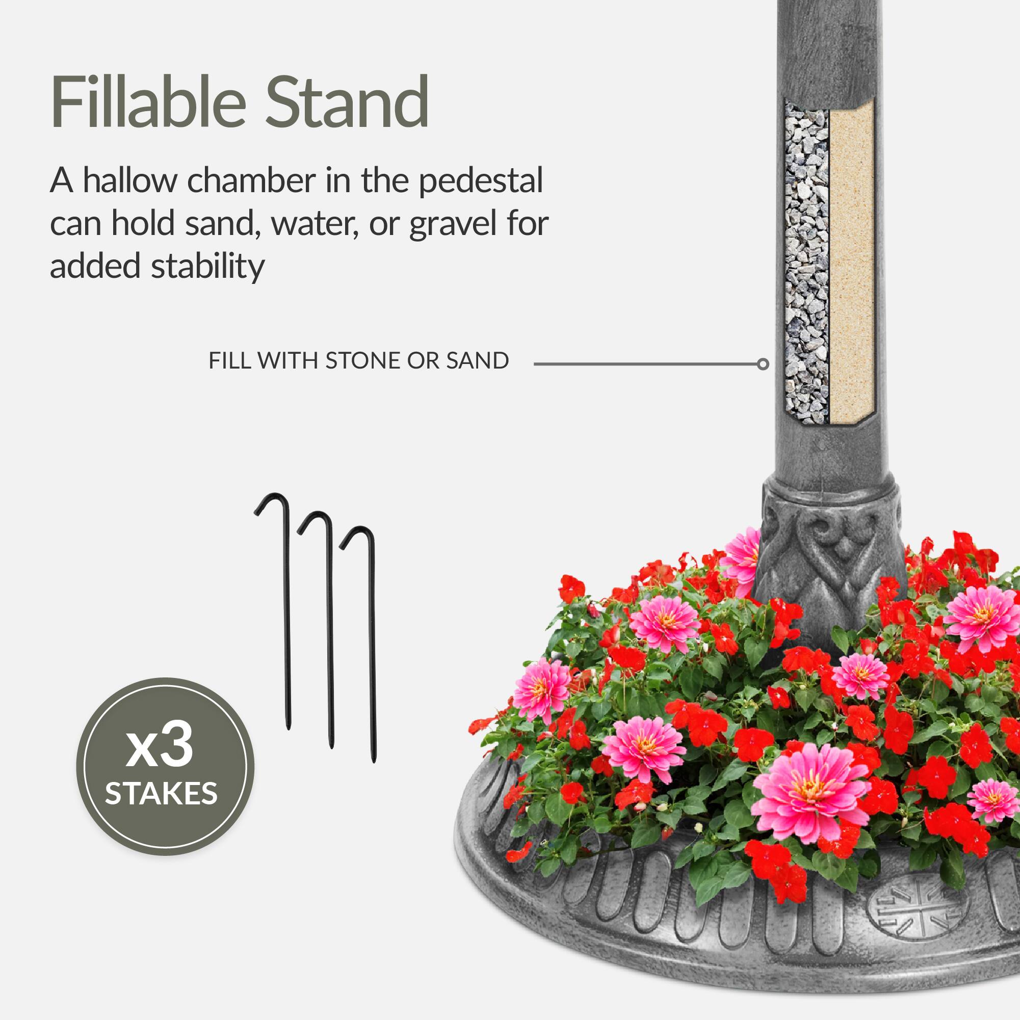 Fillable Stand

A hollow chamber in the pedestal can hold sand, water, or gravel for added stability

FILL WITH STONE OR SAND

x3 STAKES