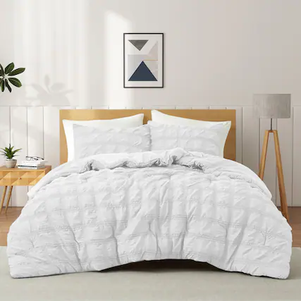 Front. Peace Nest - Peace Nest 3 Piece Seersucker Bubble Ruffled Chic Comforter Set - White.