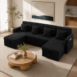 Anysun - U-Shaped Plush Corduroy Sectional Sleeper Sofa with Pull-Out Bed and Double Storage Chaise for Living Room - Black