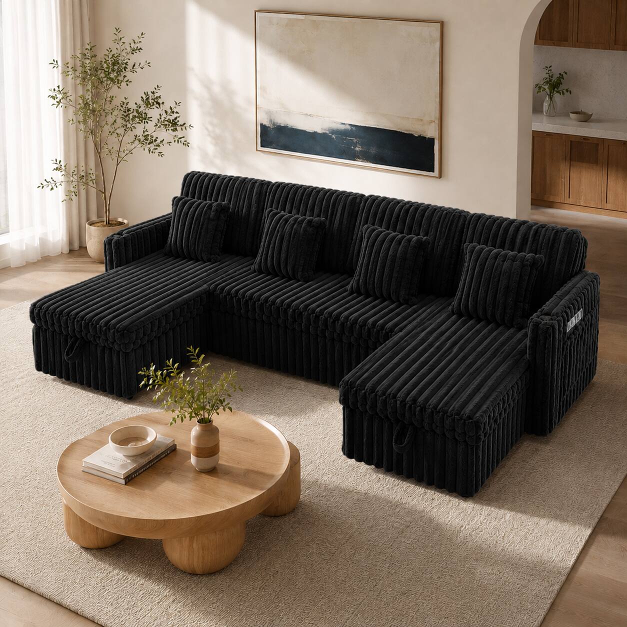 Front. Anysun - U-Shaped Plush Corduroy Sectional Sleeper Sofa with Pull-Out Bed and Double Storage Chaise for Living Room - Black.