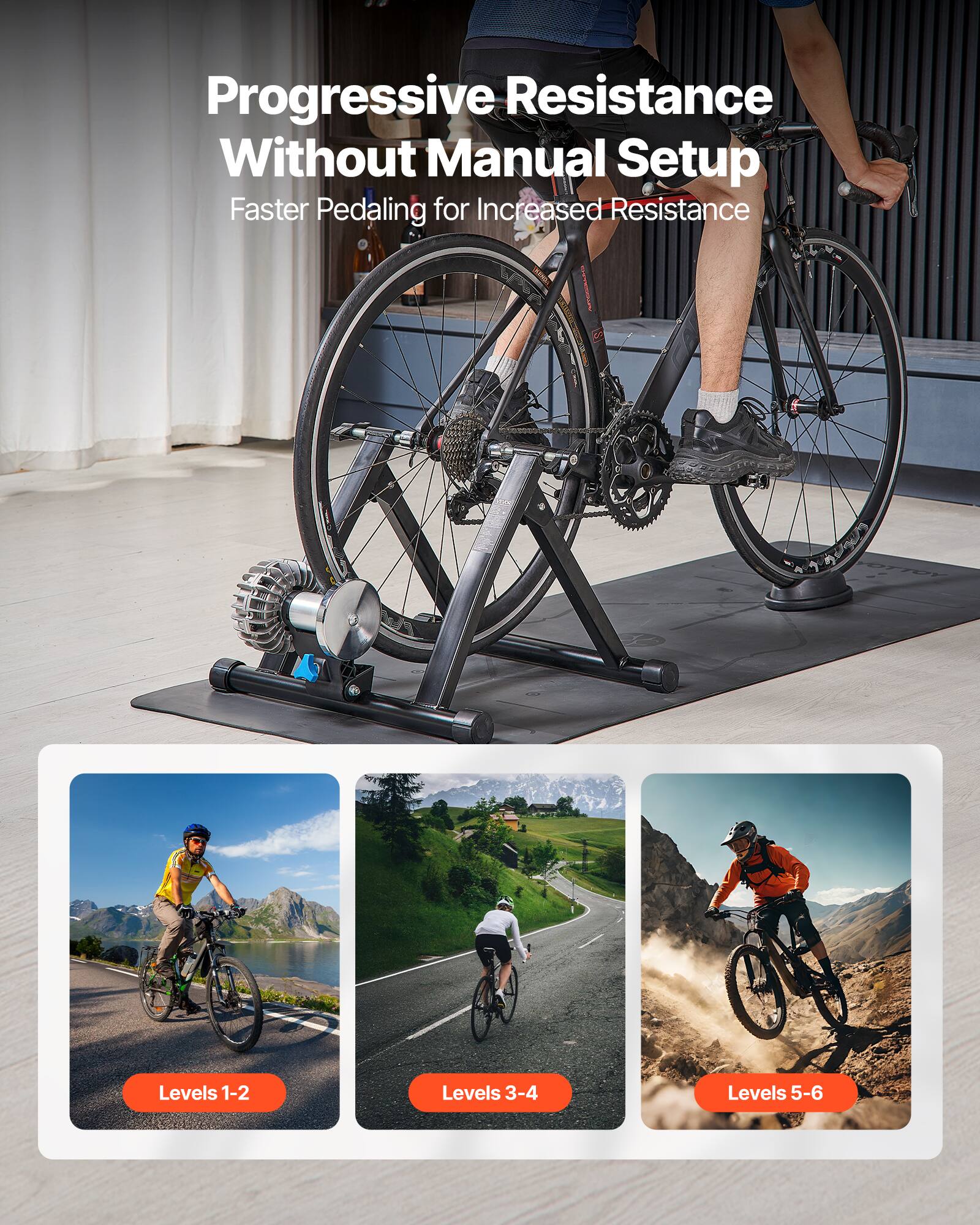 Progressive Resistance Without Manual Setup  
Faster Pedaling for Increased Resistance  

Levels 1-2  
Levels 3-4  
Levels 5-6