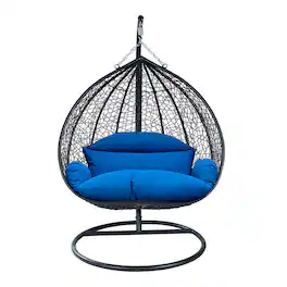 LeisureMod - Recluse Modern Wicker Teardrop Hanging Egg Chair with Stand - Outdoor Indoor Swing Chair & Cushion - Blue