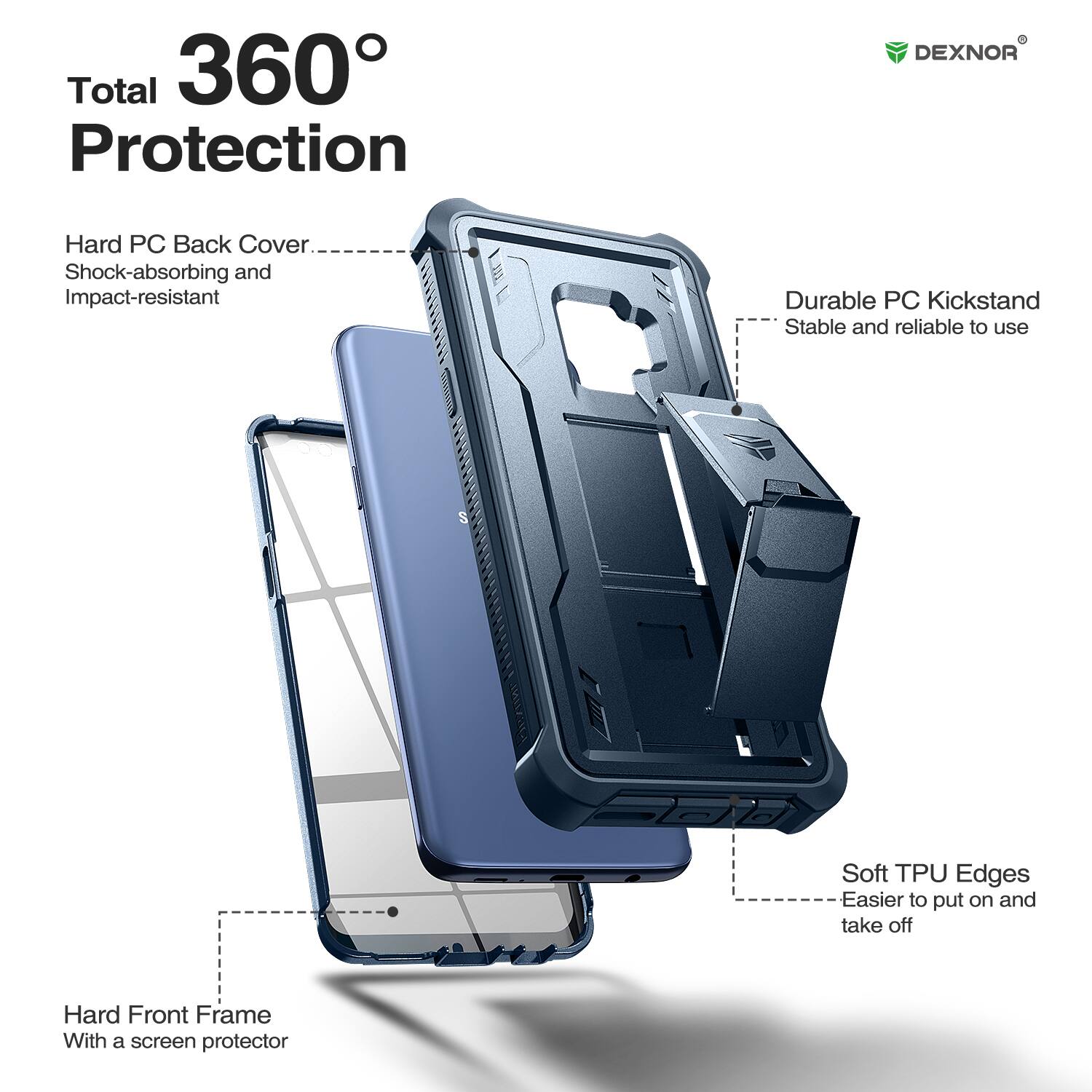 Total 360° Protection

- Hard PC Back Cover
  - Shock-absorbing and Impact-resistant

- Durable PC Kickstand
  - Stable and reliable to use

- Soft TPU Edges
  - Easier to put on and take off

- Hard Front Frame
  - With a screen protector